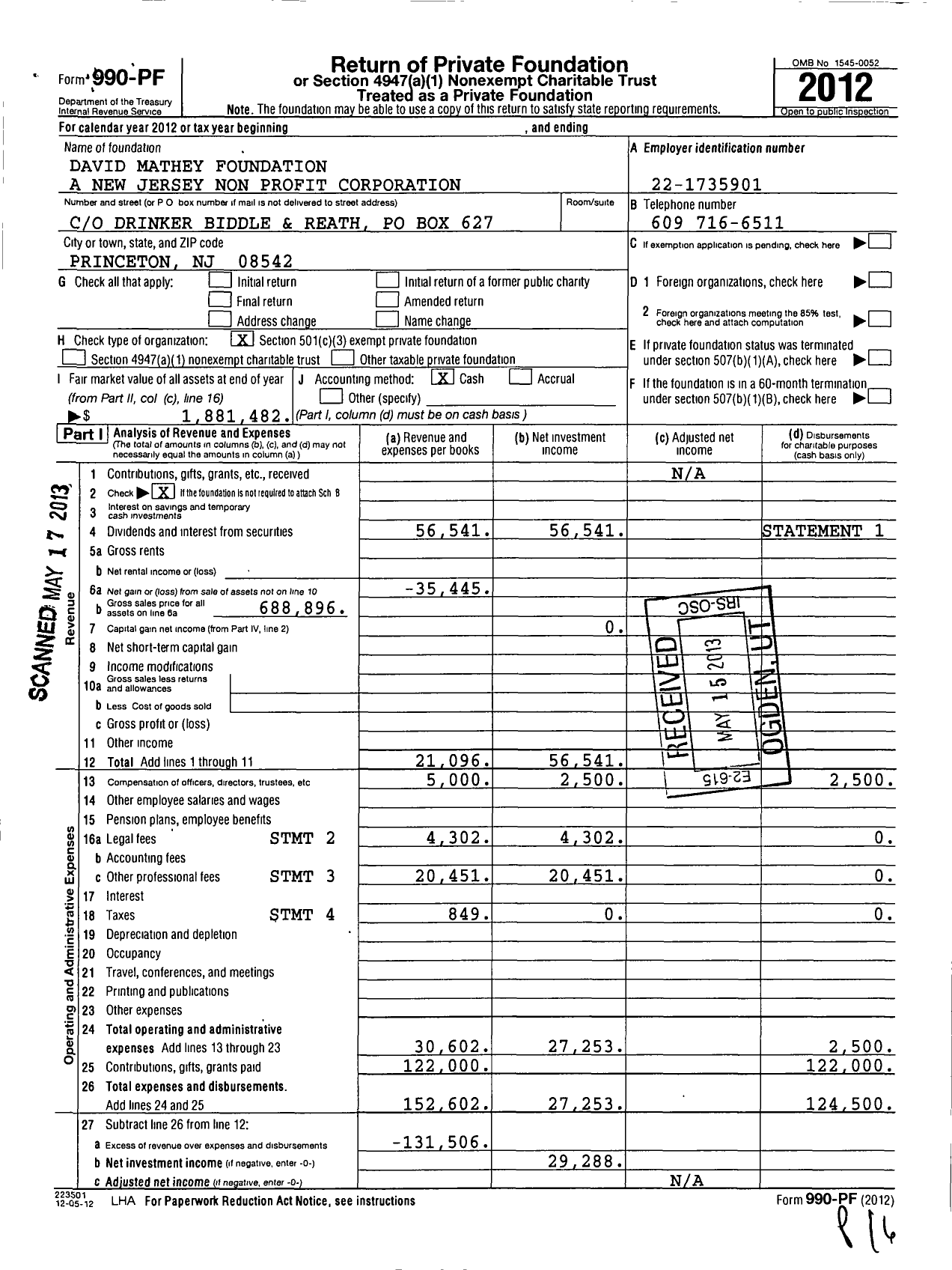 Image of first page of 2012 Form 990PF for David Mathey Foundation A New Jersey Non Profit Corporation