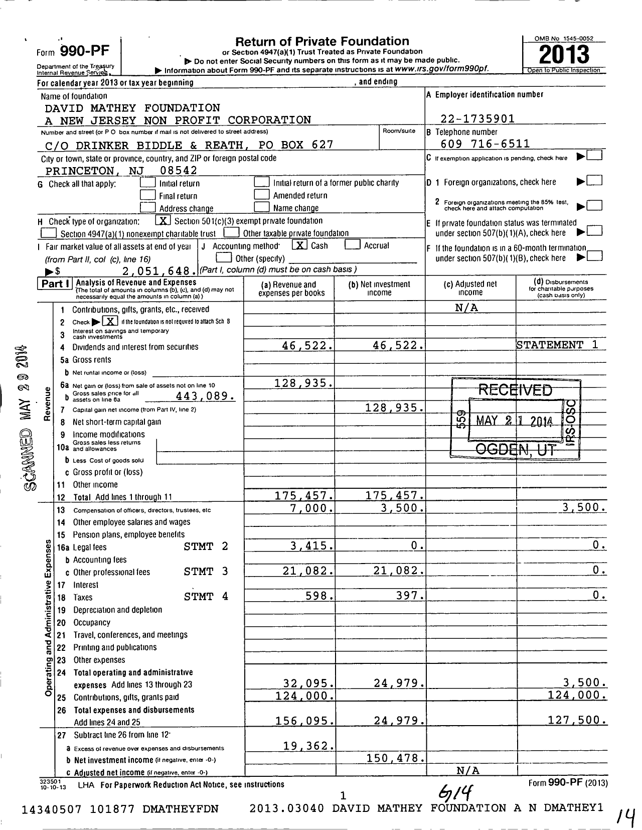 Image of first page of 2013 Form 990PF for David Mathey Foundation A New Jersey Non Profit Corporation