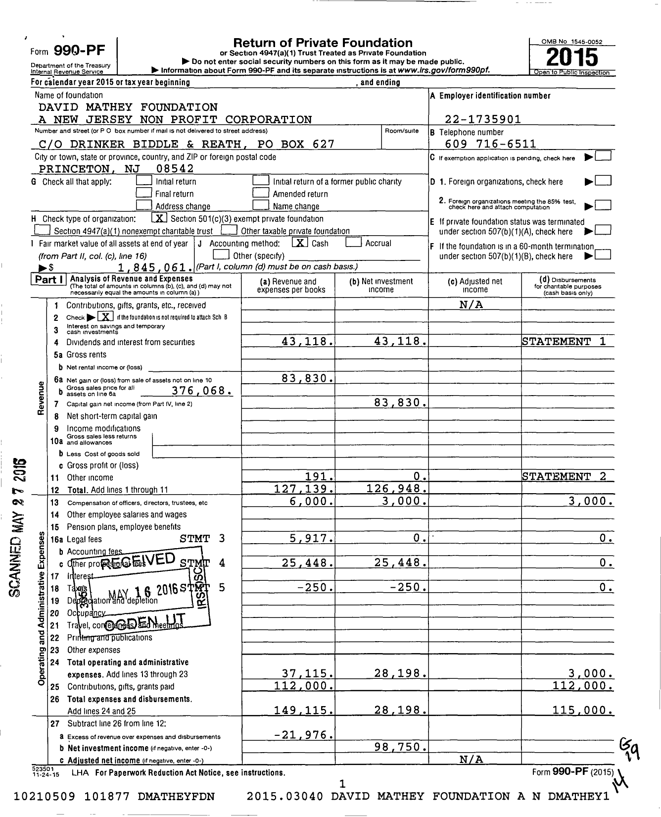 Image of first page of 2015 Form 990PF for David Mathey Foundation A New Jersey Non Profit Corporation