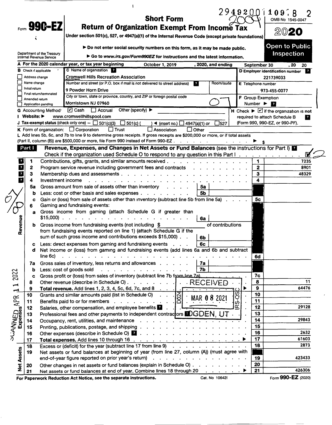 Image of first page of 2019 Form 990EO for Cromwell Hills Recreation Association