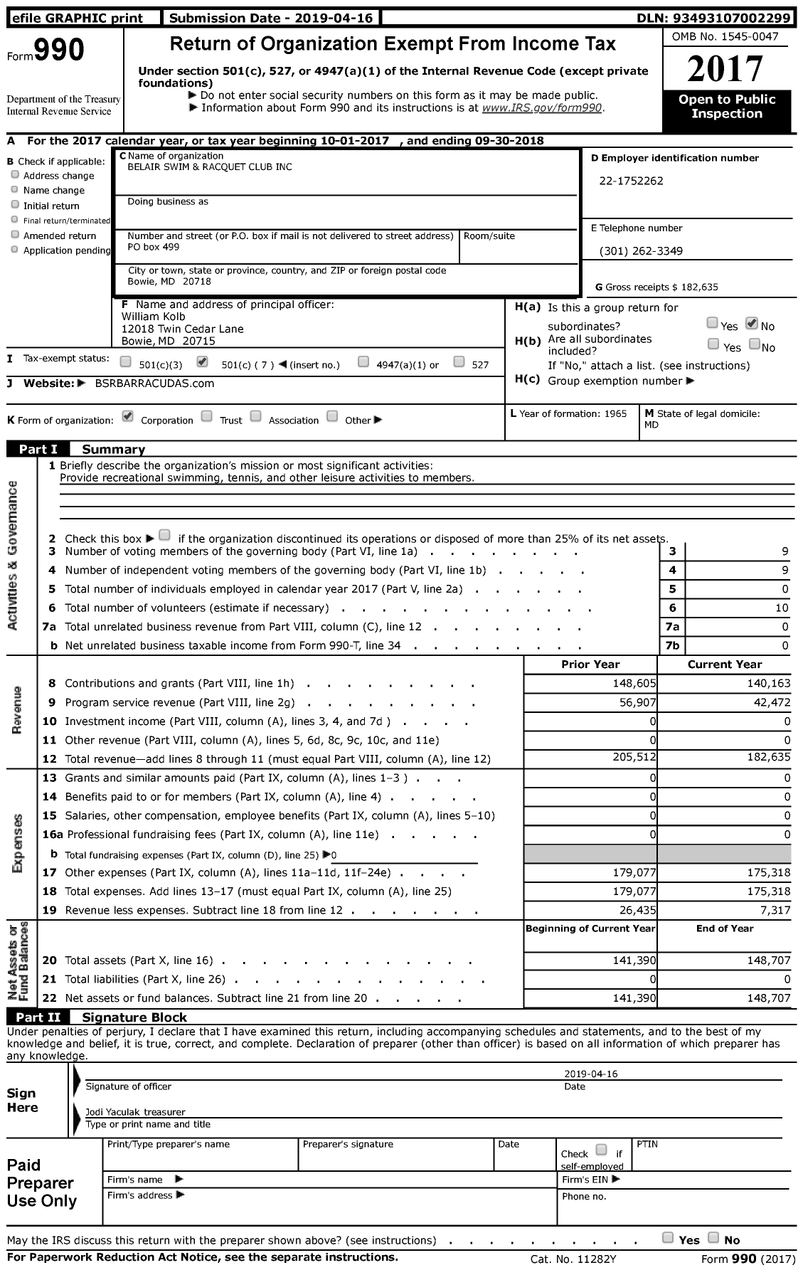 Image of first page of 2017 Form 990 for Belair Swim and Racquet Club