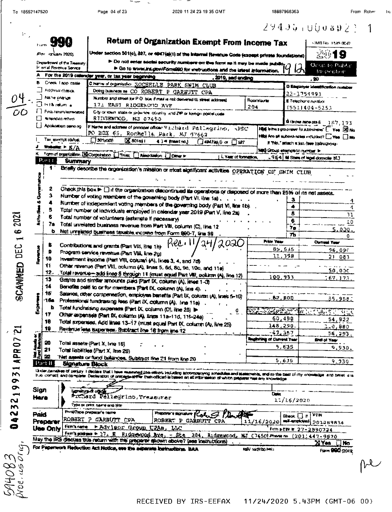 Image of first page of 2019 Form 990O for Rochelle Park Swim Club