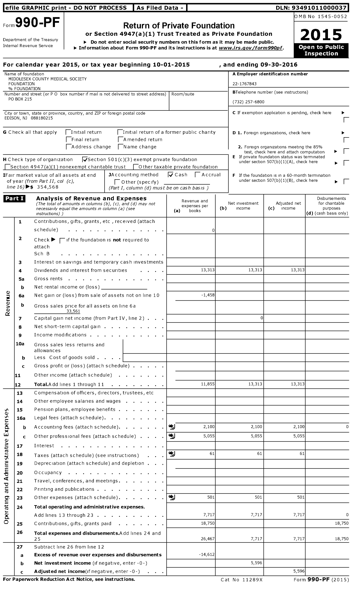 Image of first page of 2015 Form 990PF for Middlesex County Medical Society Foundation