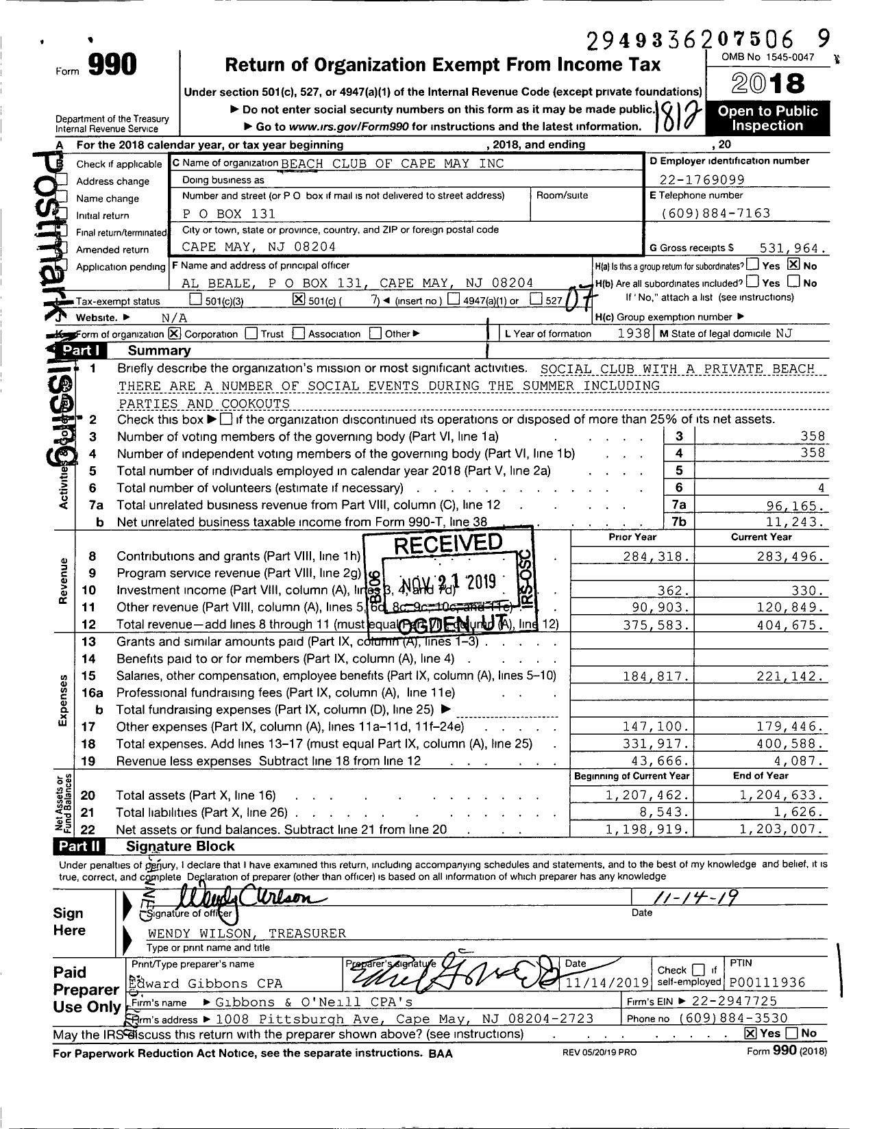 Image of first page of 2018 Form 990O for Beach Club of Cape May