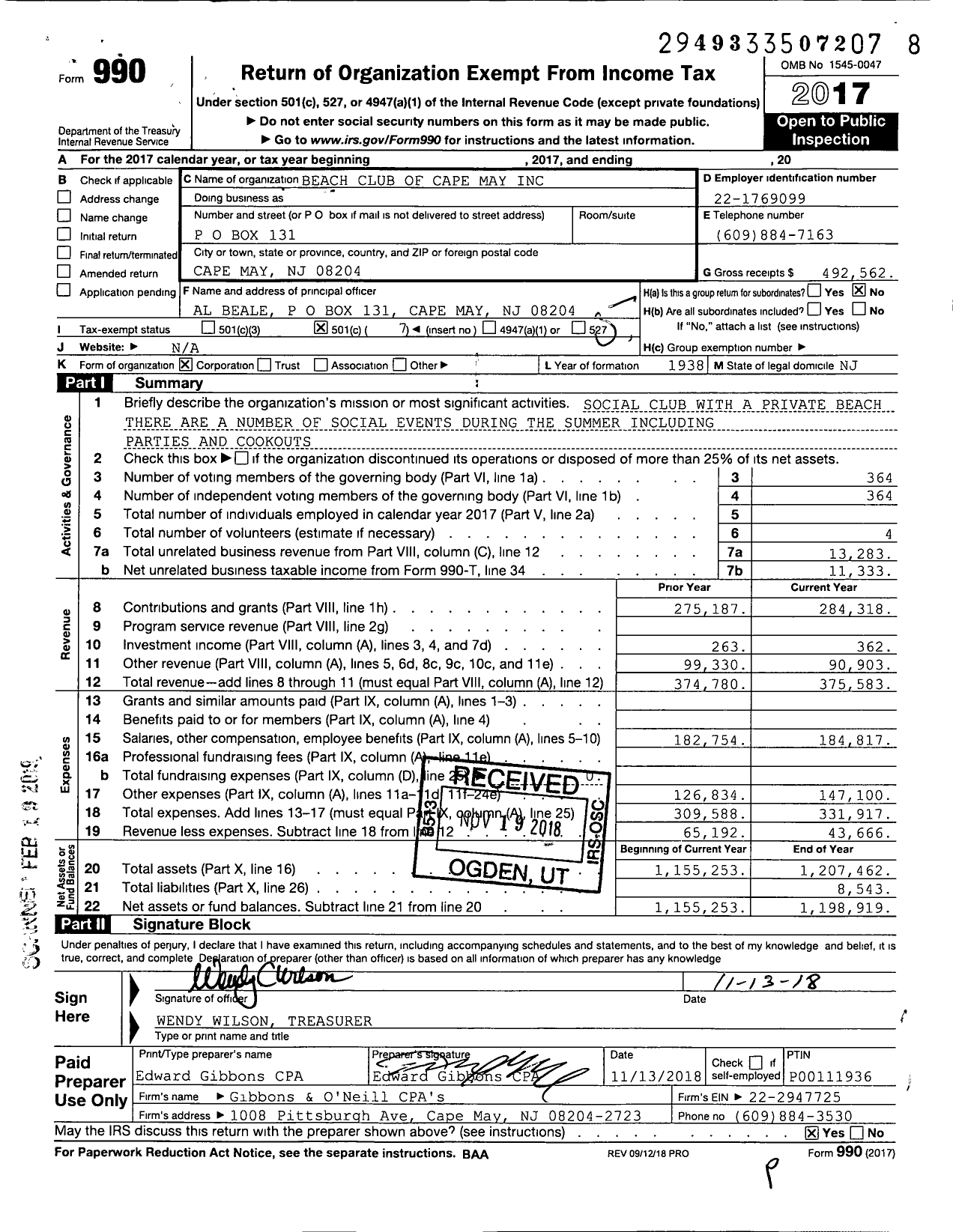 Image of first page of 2017 Form 990O for Beach Club of Cape May