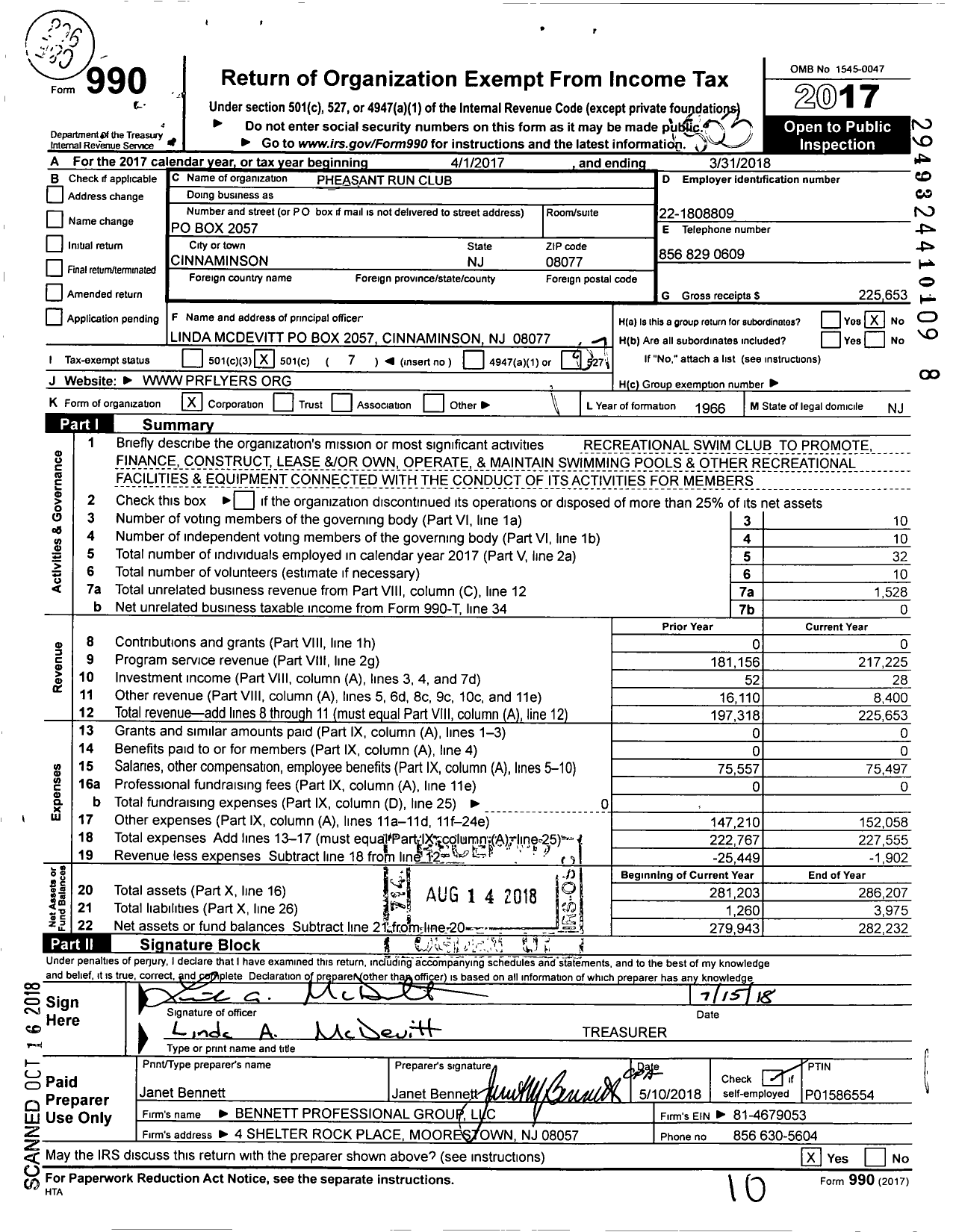 Image of first page of 2017 Form 990O for Pheasant Run Swim Club