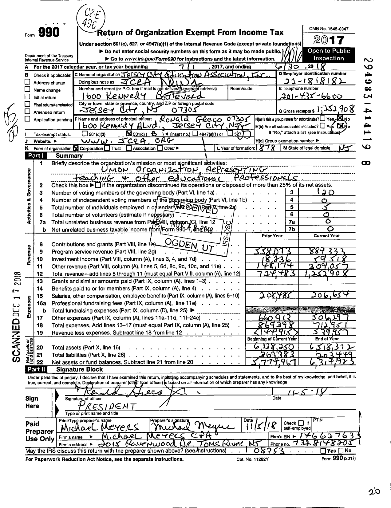 Image of first page of 2017 Form 990O for New Jersey Education Association - JCEA