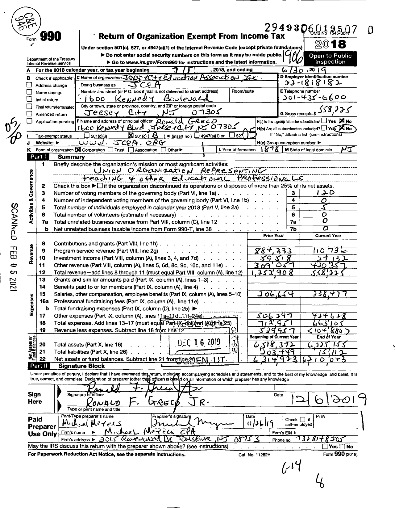 Image of first page of 2018 Form 990O for New Jersey Education Association - JCEA