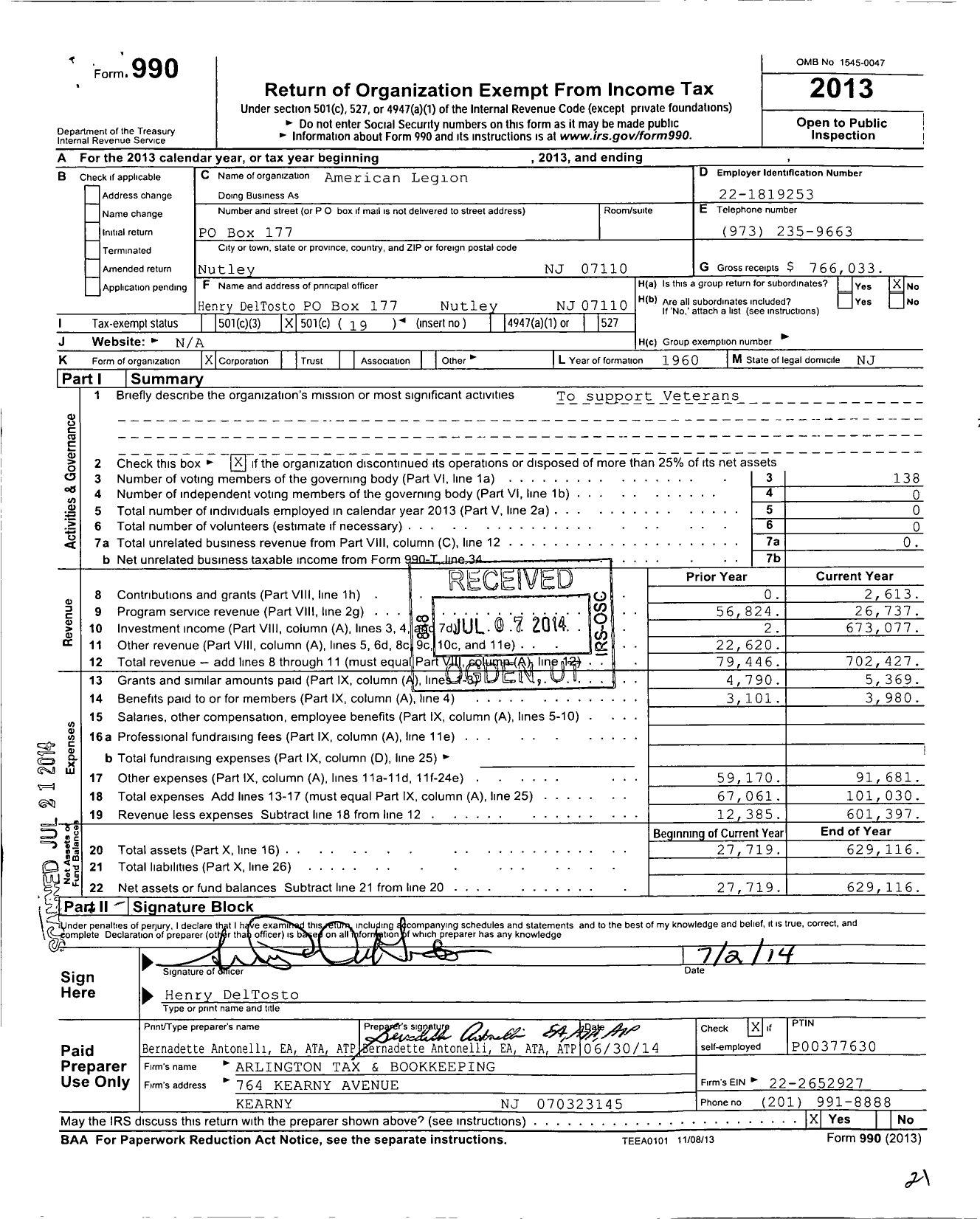 Image of first page of 2013 Form 990O for American Legion - 0070 Nutley