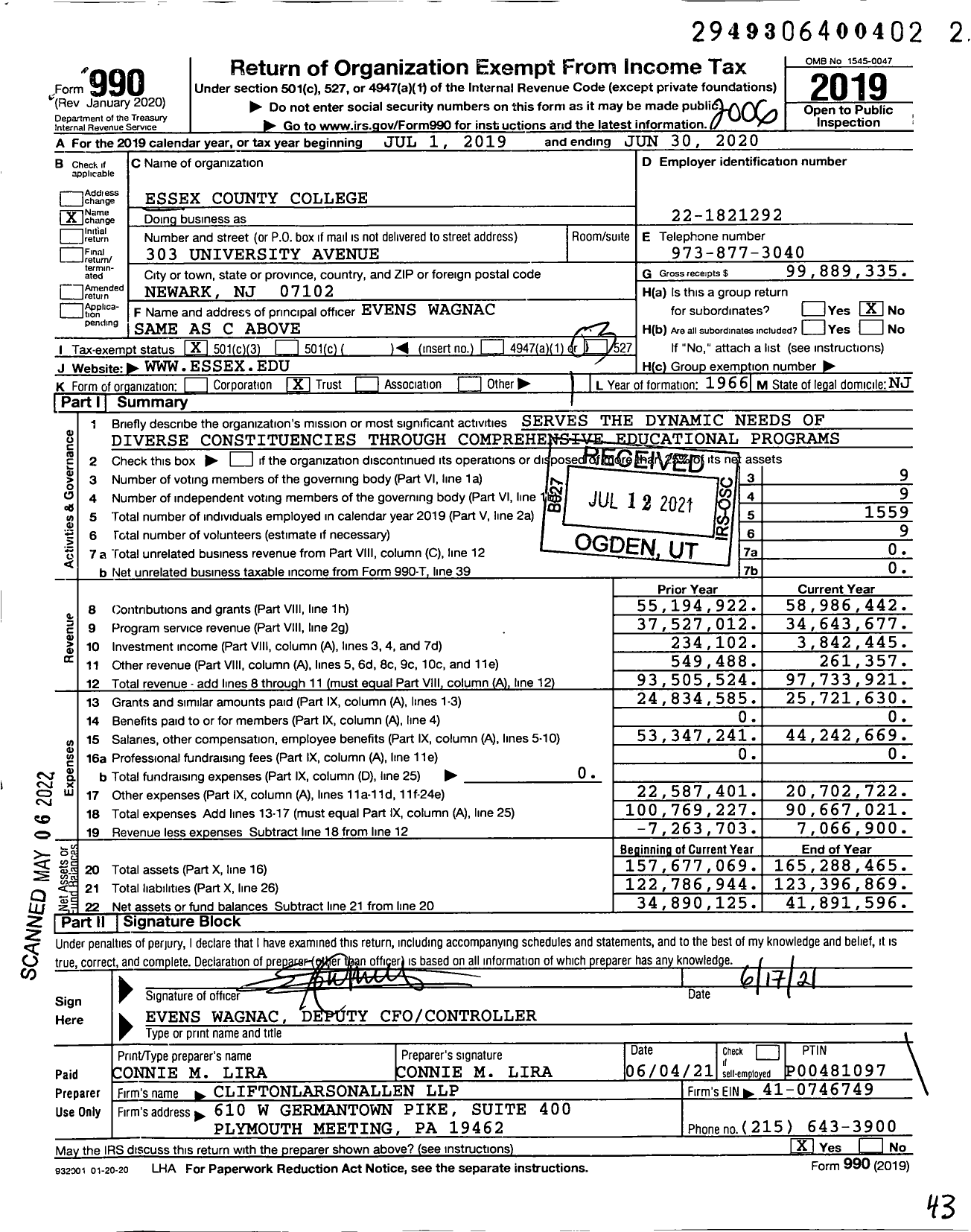 Image of first page of 2019 Form 990 for Essex County College