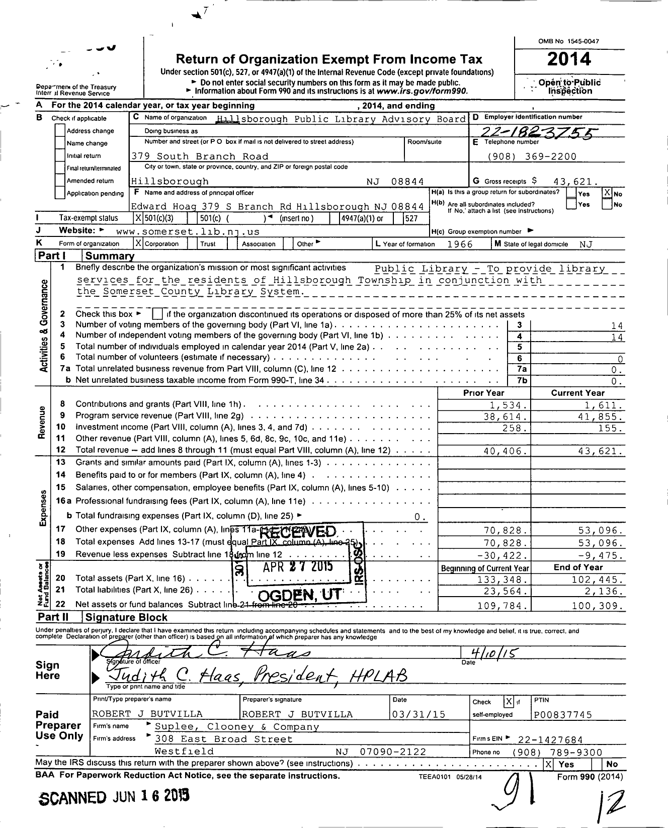 Image of first page of 2014 Form 990 for Hillsborough Public Library Advisory Board