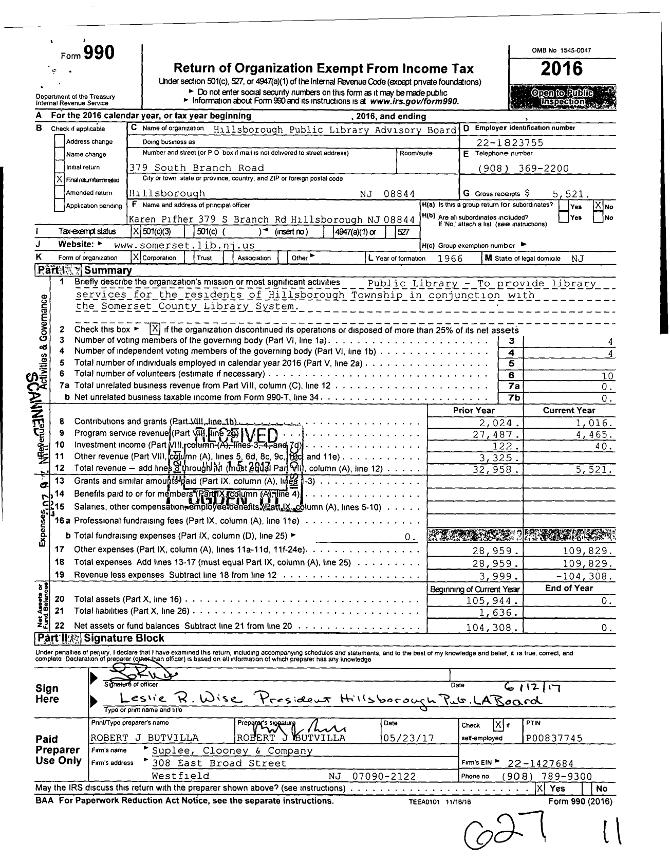 Image of first page of 2016 Form 990 for Hillsborough Public Library Advisory Board