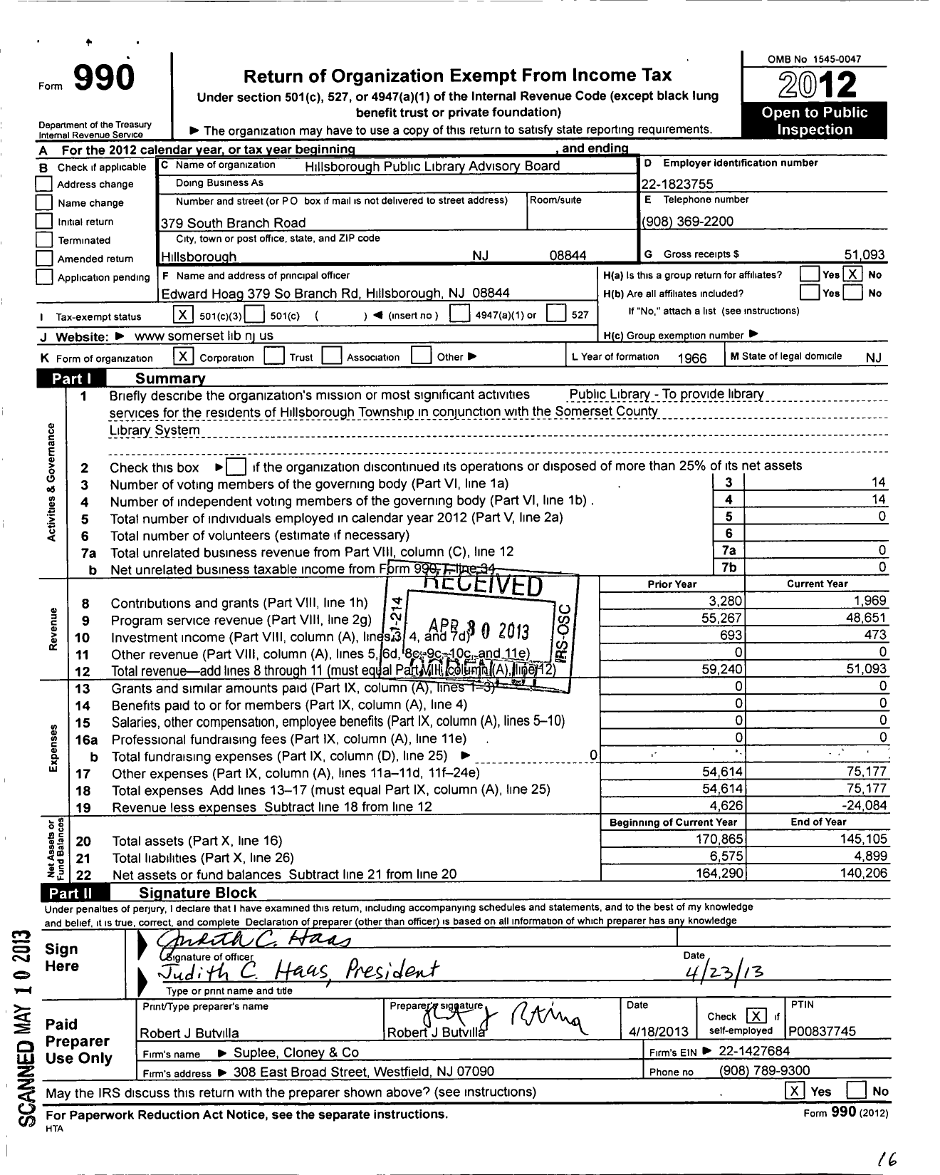 Image of first page of 2012 Form 990 for Hillsborough Public Library Advisory Board