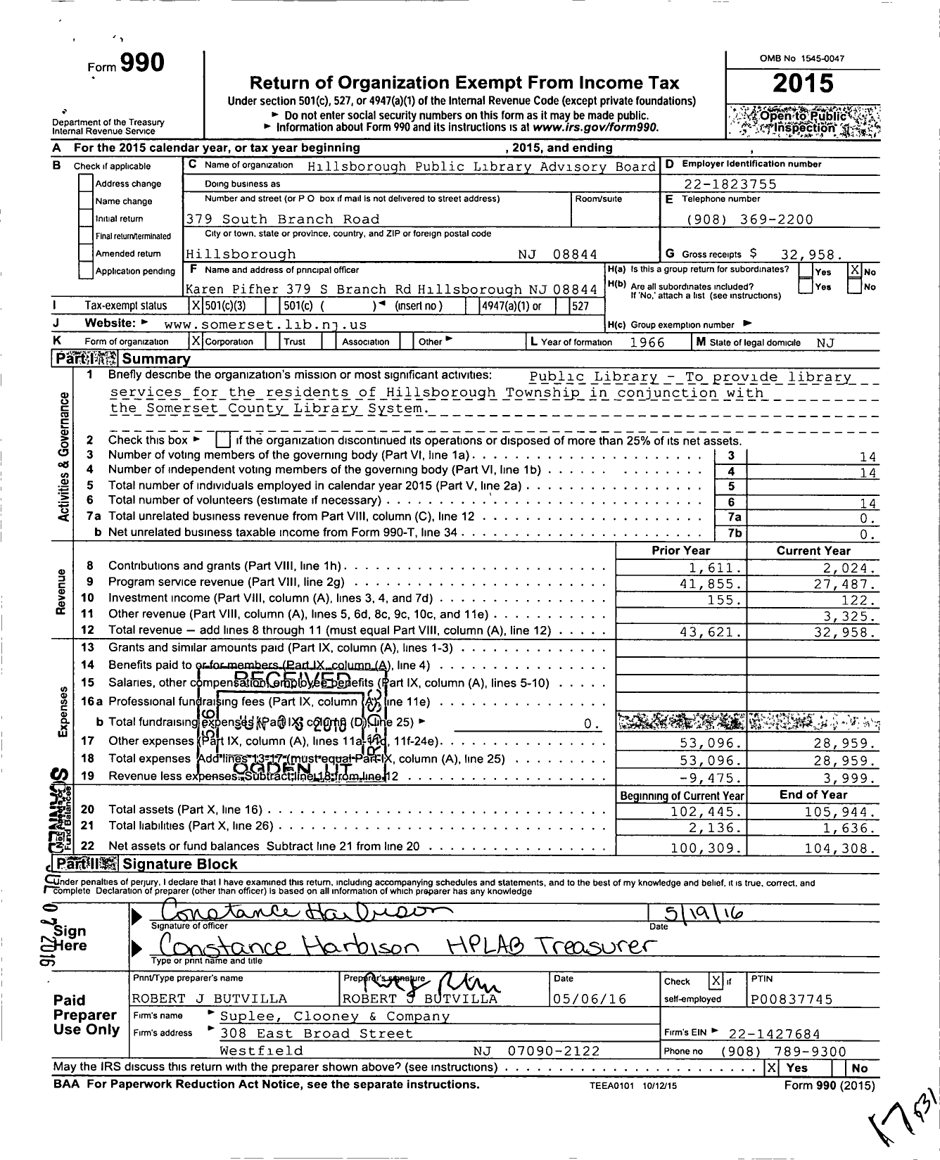 Image of first page of 2015 Form 990 for Hillsborough Public Library Advisory Board