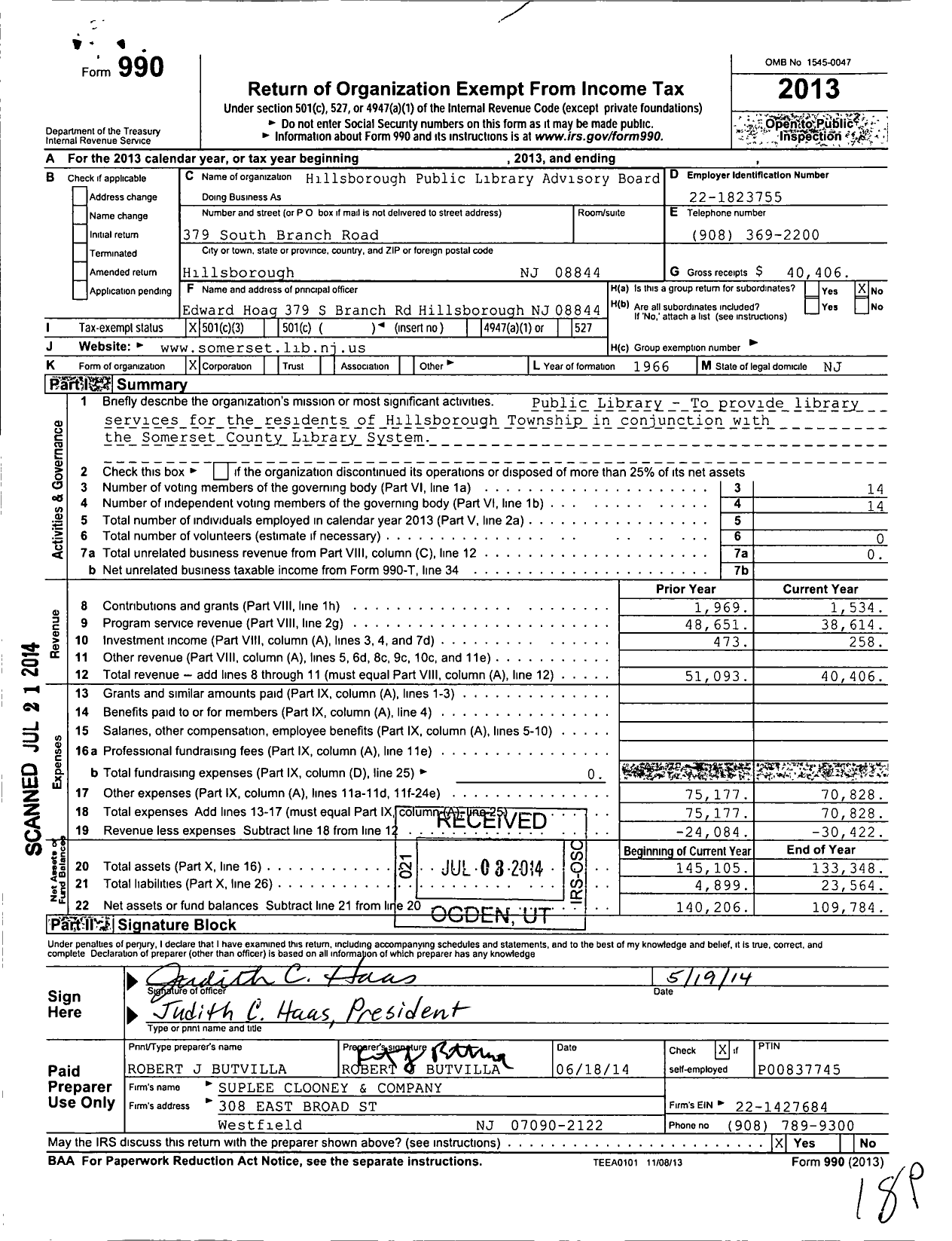 Image of first page of 2013 Form 990 for Hillsborough Public Library Advisory Board