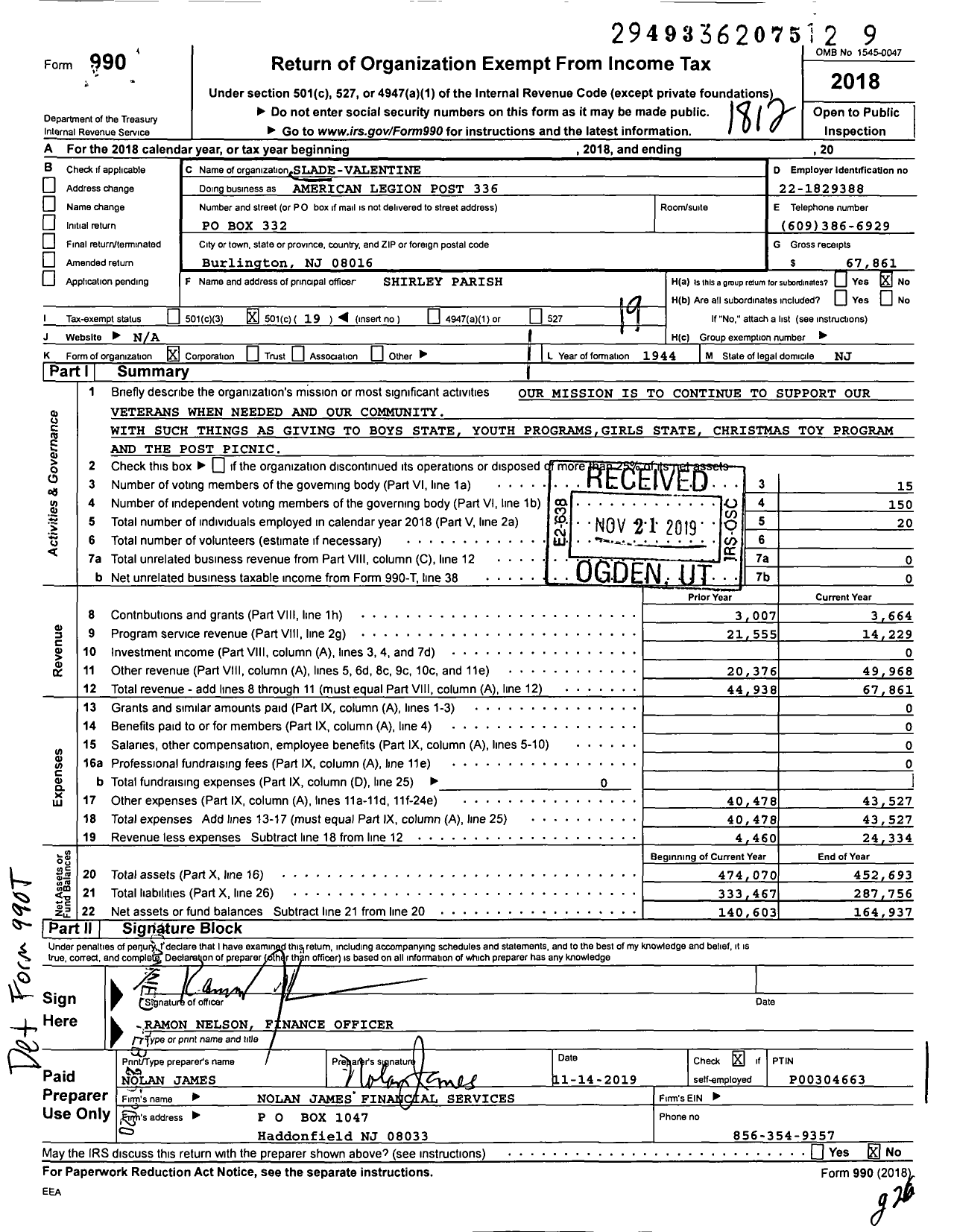 Image of first page of 2018 Form 990O for American Legion - Slade Valentine