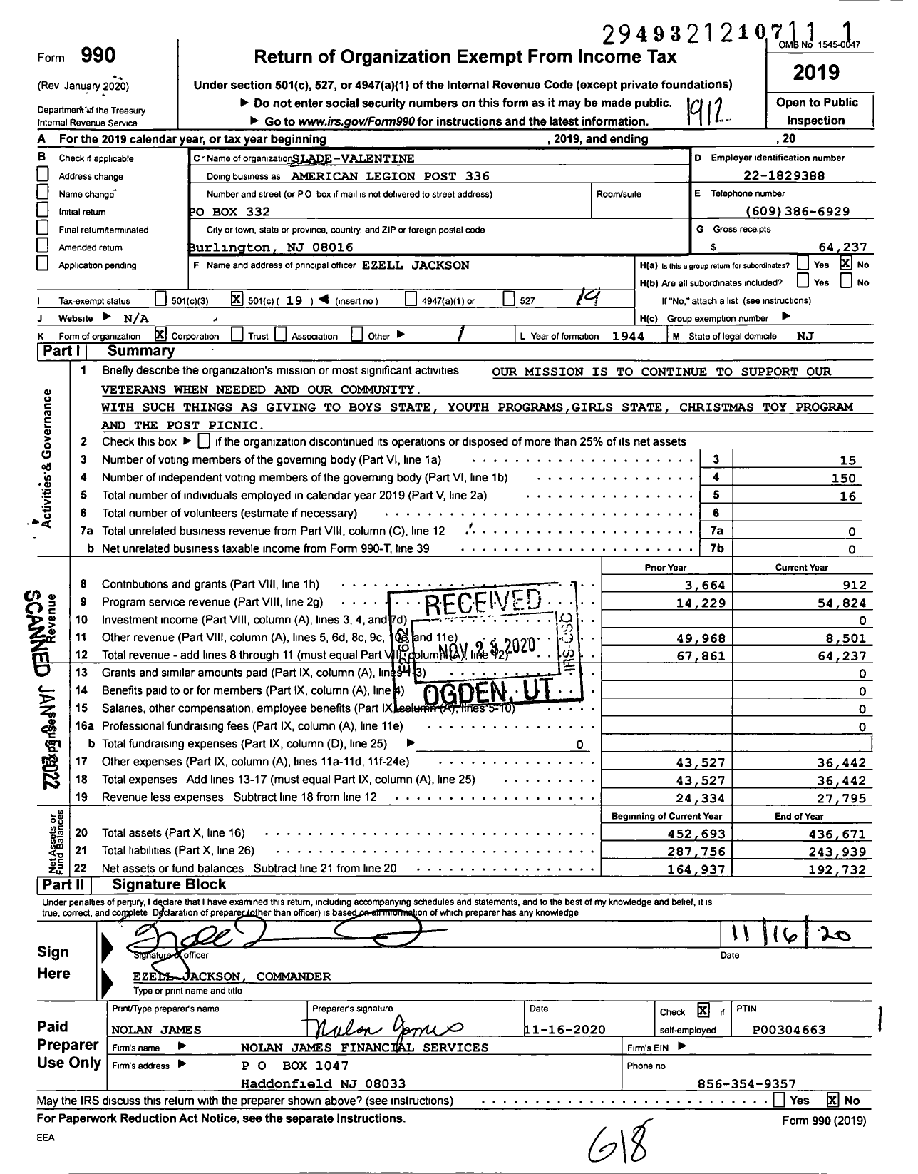 Image of first page of 2019 Form 990O for American Legion - Slade Valentine