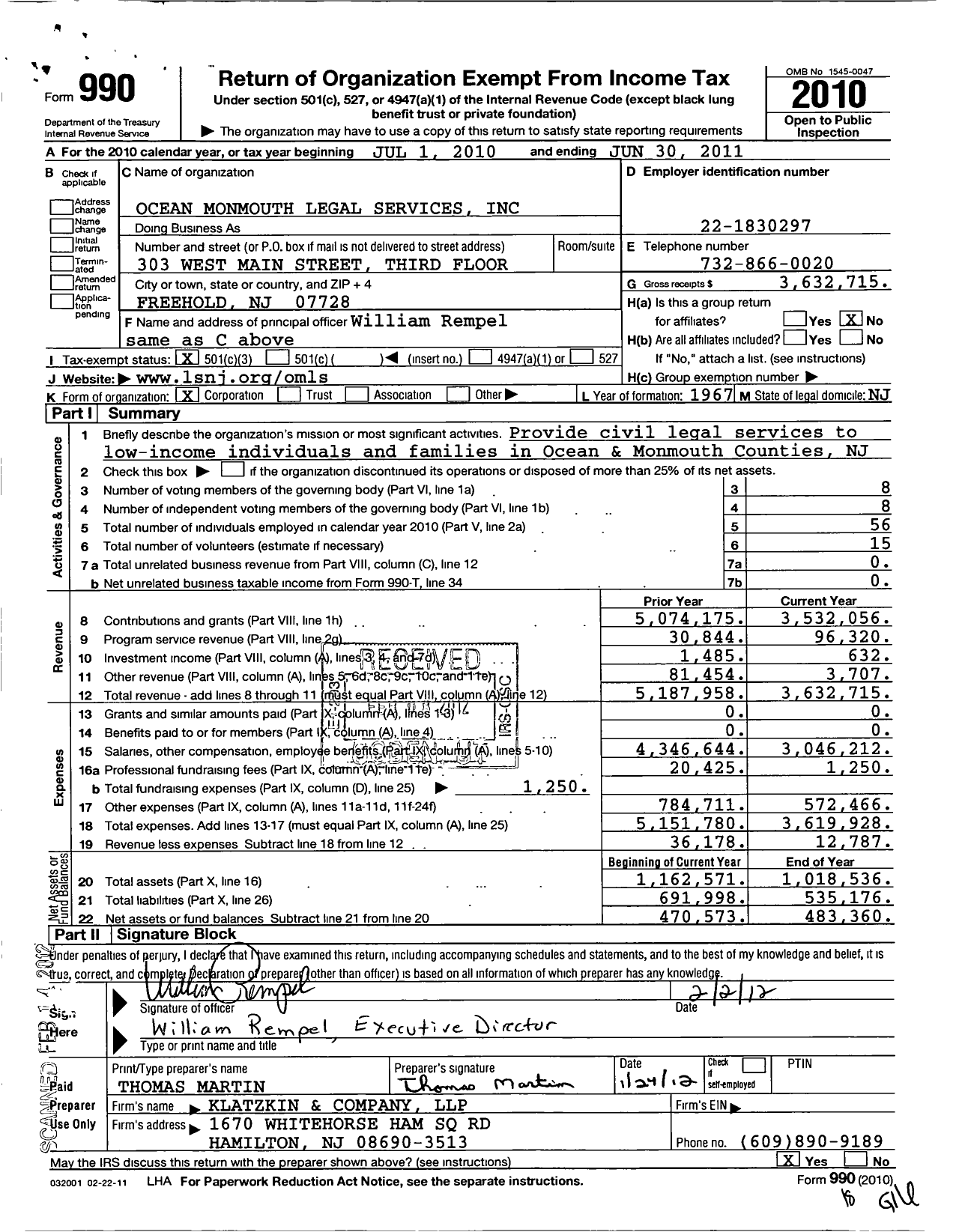 Image of first page of 2010 Form 990 for Ocean Monmouth Legal Services