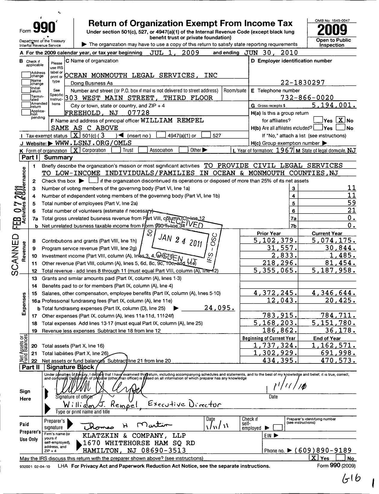 Image of first page of 2009 Form 990 for Ocean Monmouth Legal Services