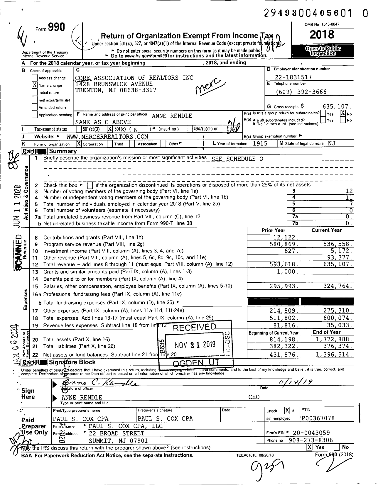 Image of first page of 2018 Form 990O for CORE Association of Realtors