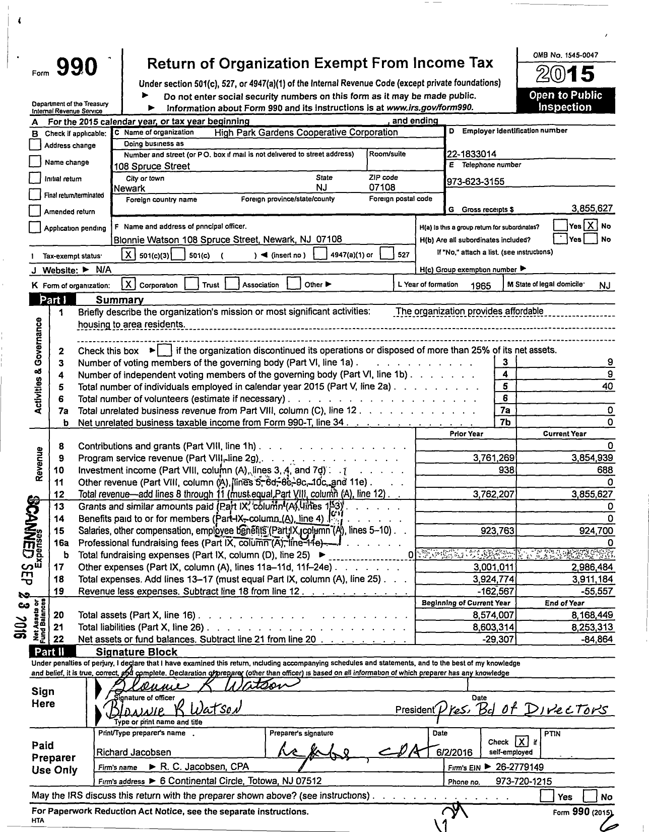 Image of first page of 2015 Form 990 for High Park Gardens Cooperative Corporation