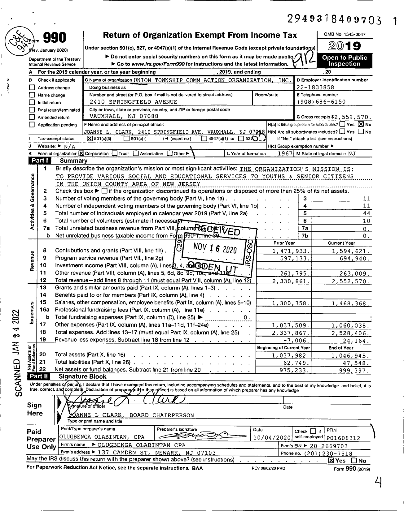 Image of first page of 2019 Form 990 for Union Township Comm Action Organization