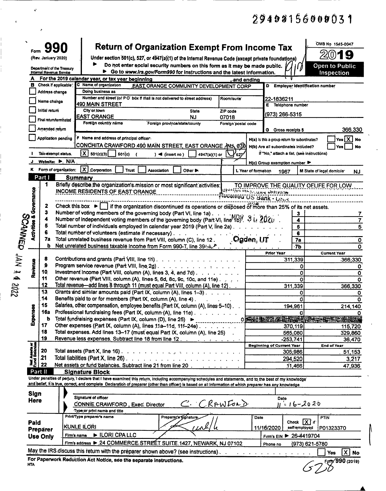 Image of first page of 2019 Form 990 for East Orange Community Development Corporation