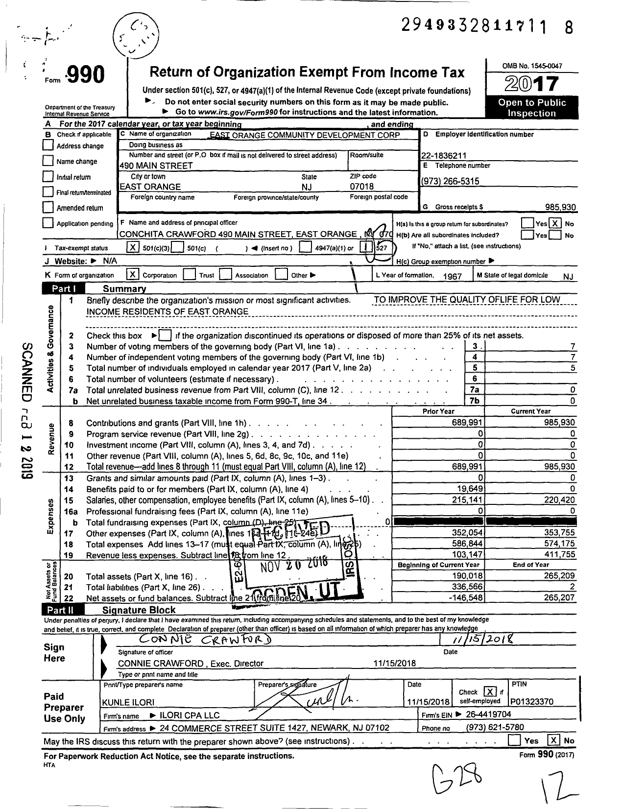 Image of first page of 2017 Form 990 for East Orange Community Development Corporation