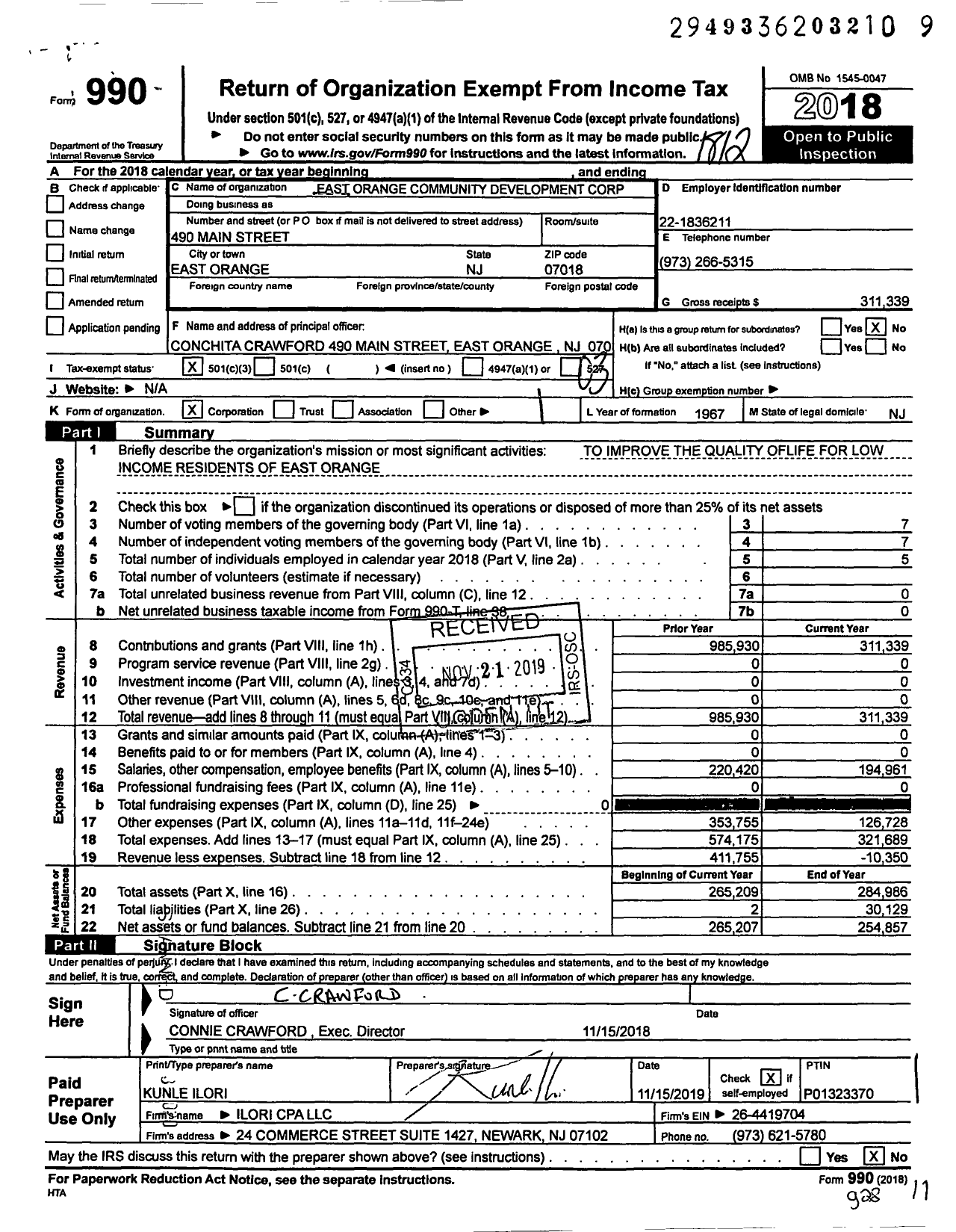 Image of first page of 2018 Form 990 for East Orange Community Development Corporation