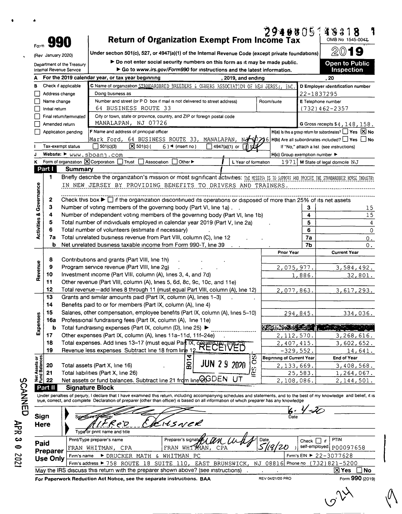 Image of first page of 2019 Form 990O for Standardbred Breeders and Owners Association of New Jersey