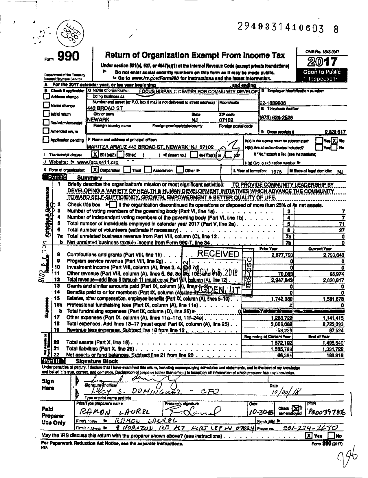 Image of first page of 2017 Form 990 for Focus Hispanic Center for Community Development