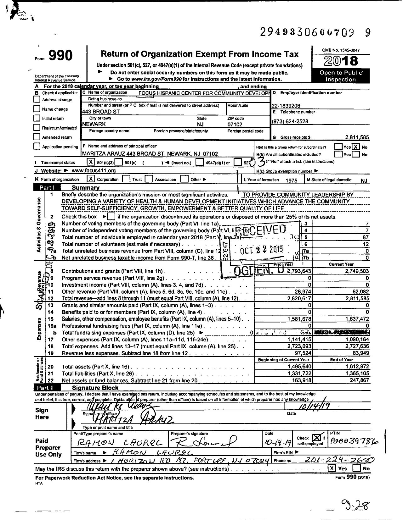 Image of first page of 2018 Form 990 for Focus Hispanic Center for Community Development