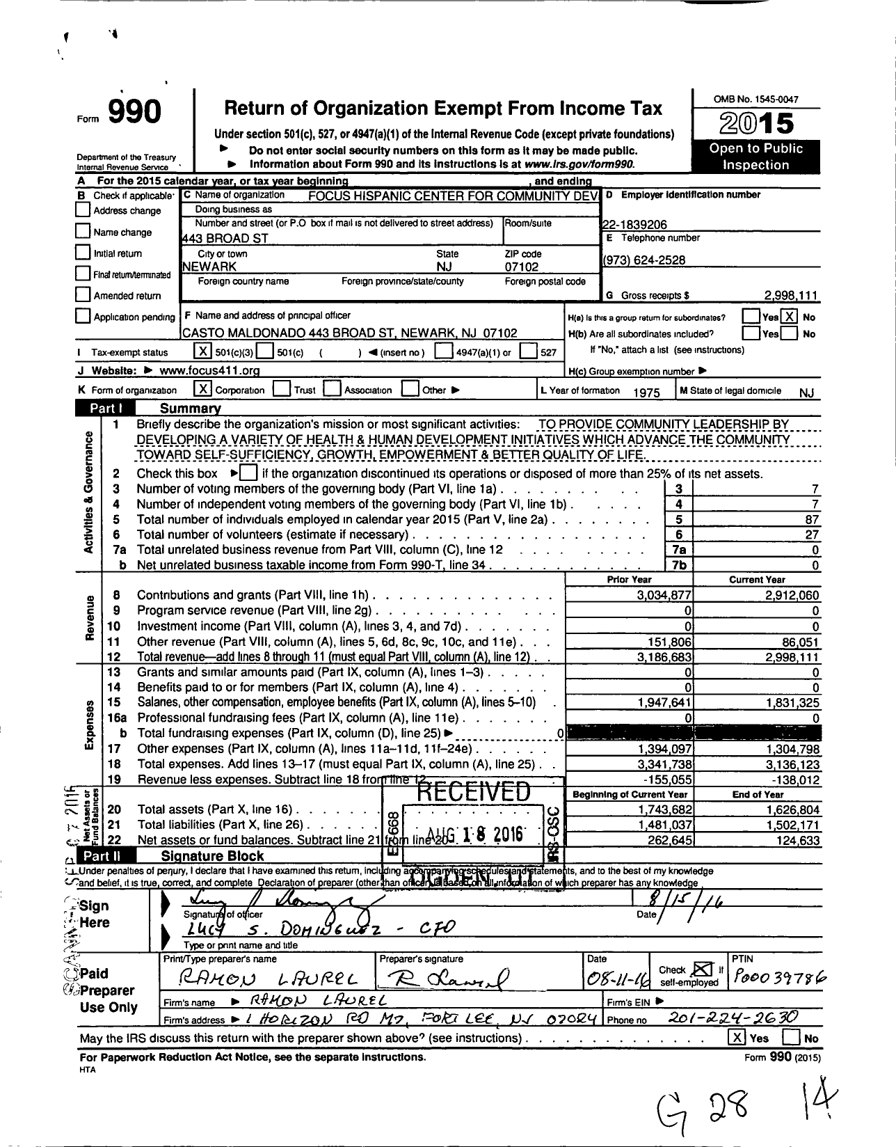 Image of first page of 2015 Form 990 for Focus Hispanic Center for Community Development
