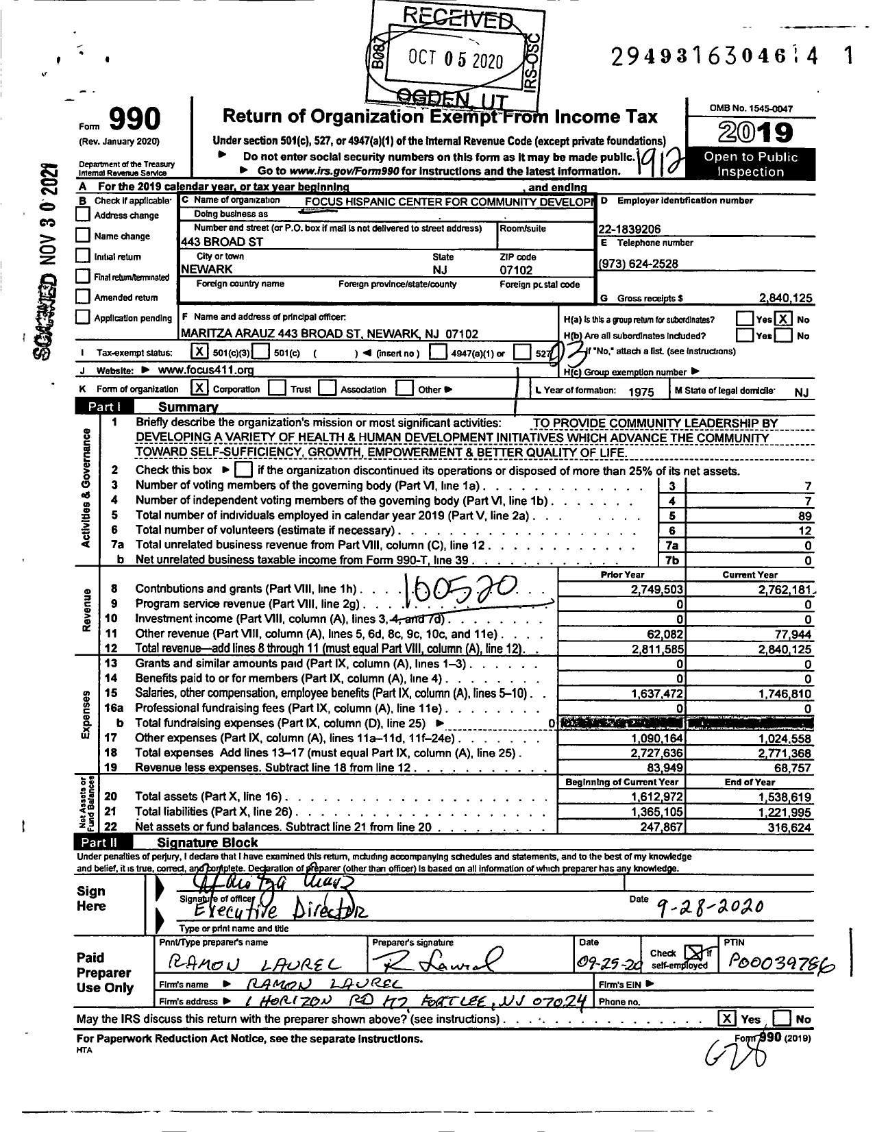 Image of first page of 2019 Form 990 for Focus Hispanic Center for Community Development