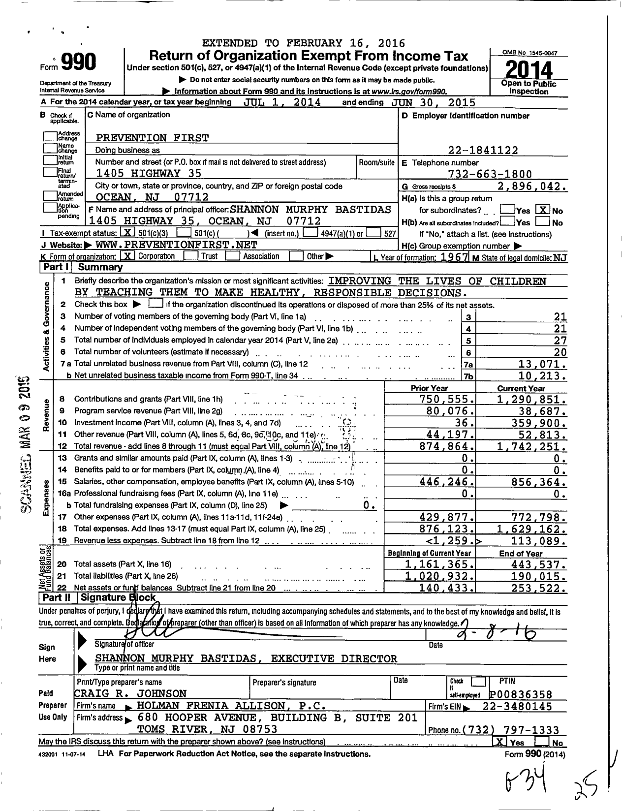 Image of first page of 2014 Form 990 for Prevention First