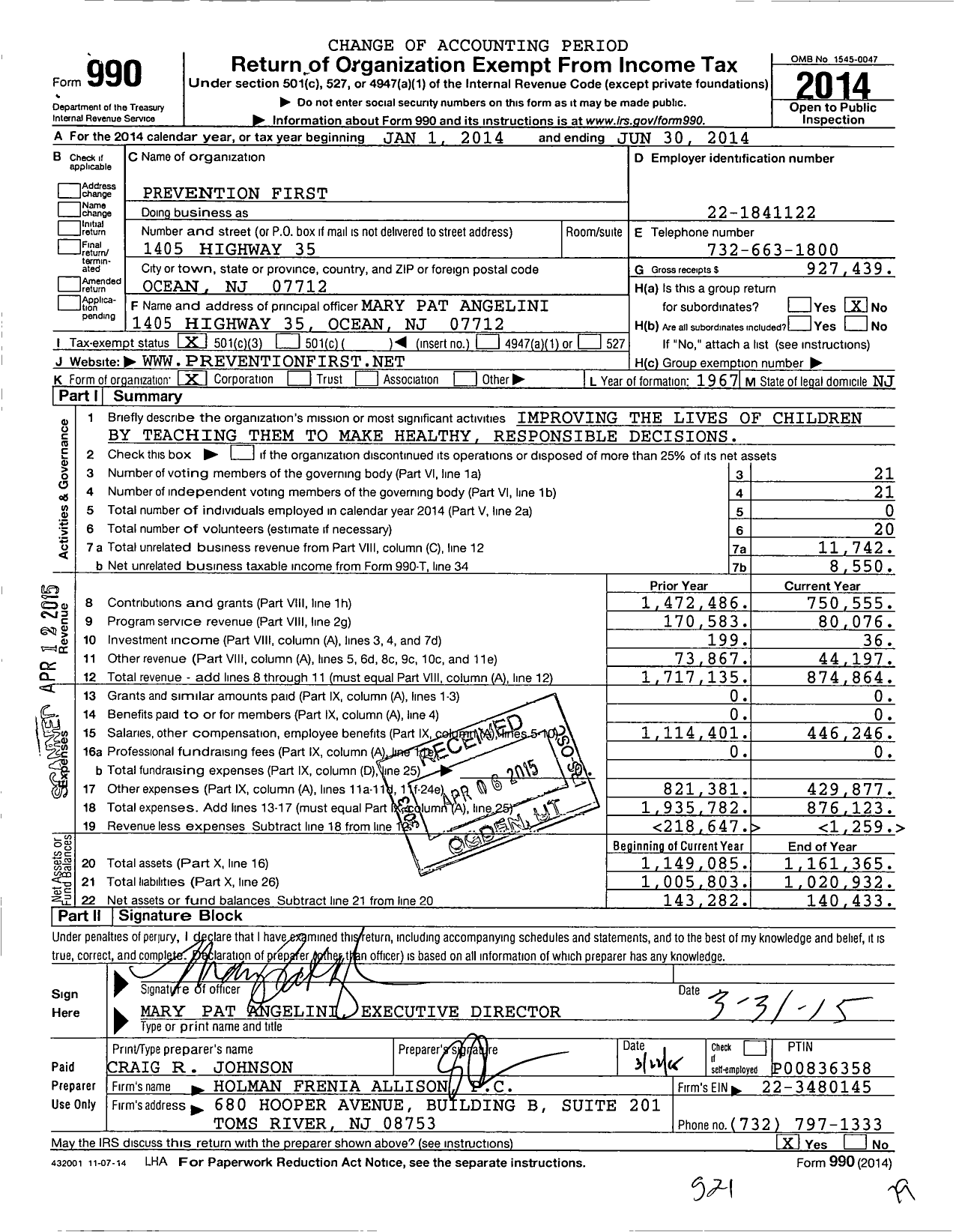 Image of first page of 2013 Form 990 for Prevention First