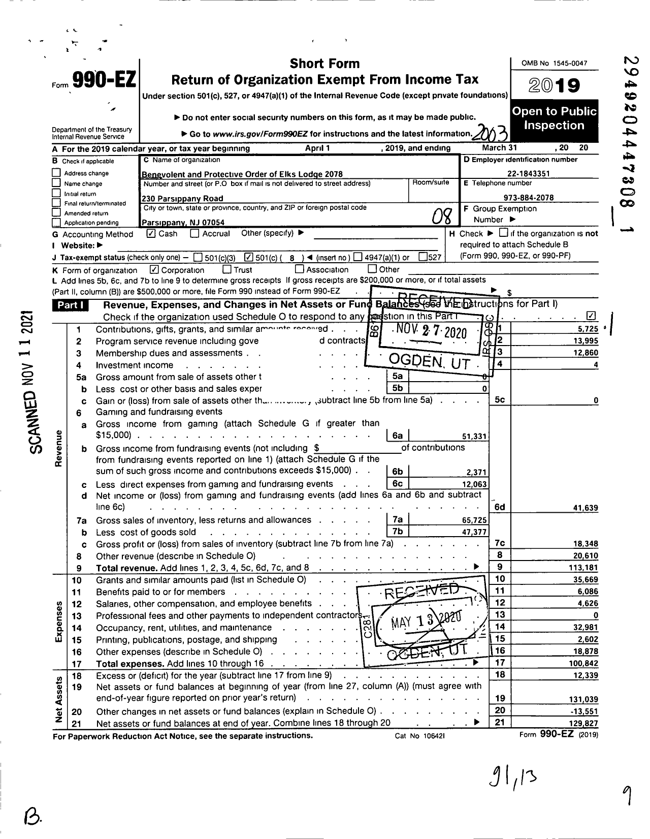 Image of first page of 2019 Form 990EO for Benevolent and Protective Order of Elks - 2078 Parsippany-Troy Hills