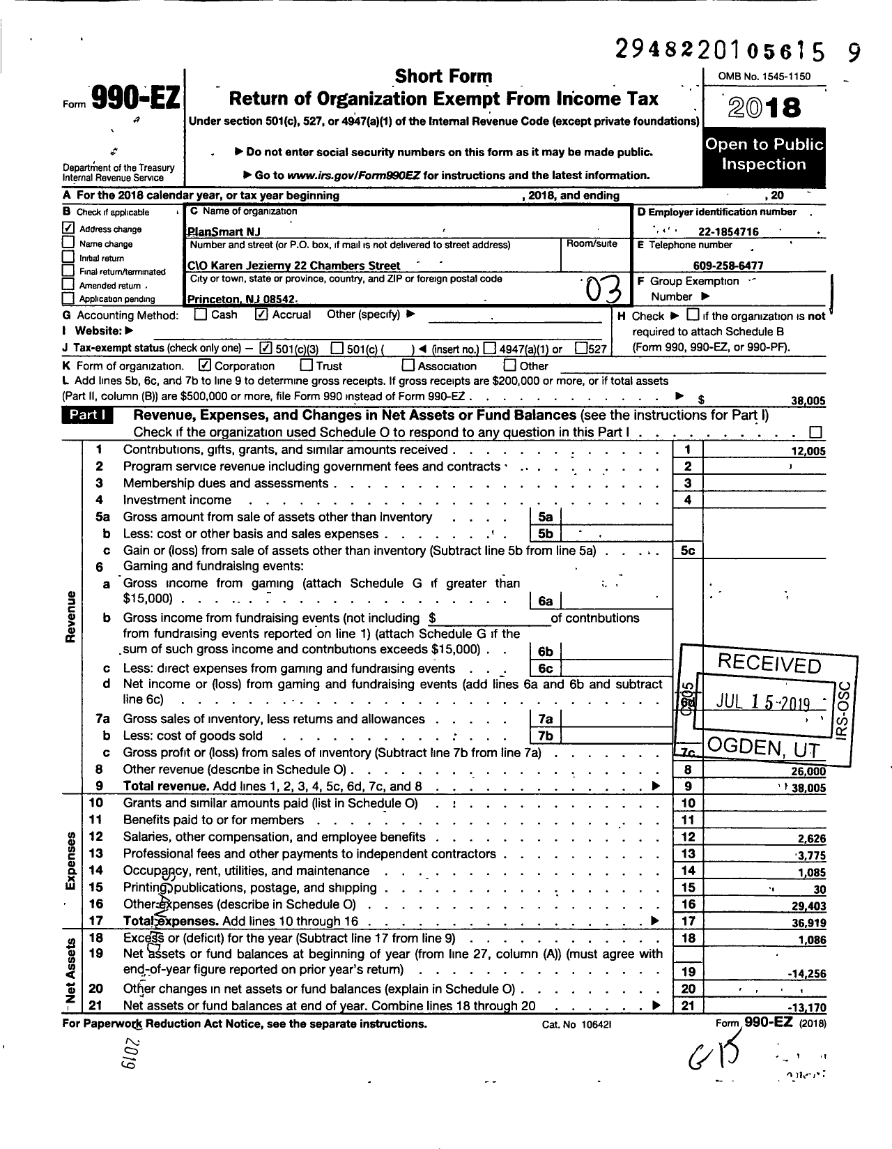 Image of first page of 2018 Form 990EZ for PlanSmart NJ