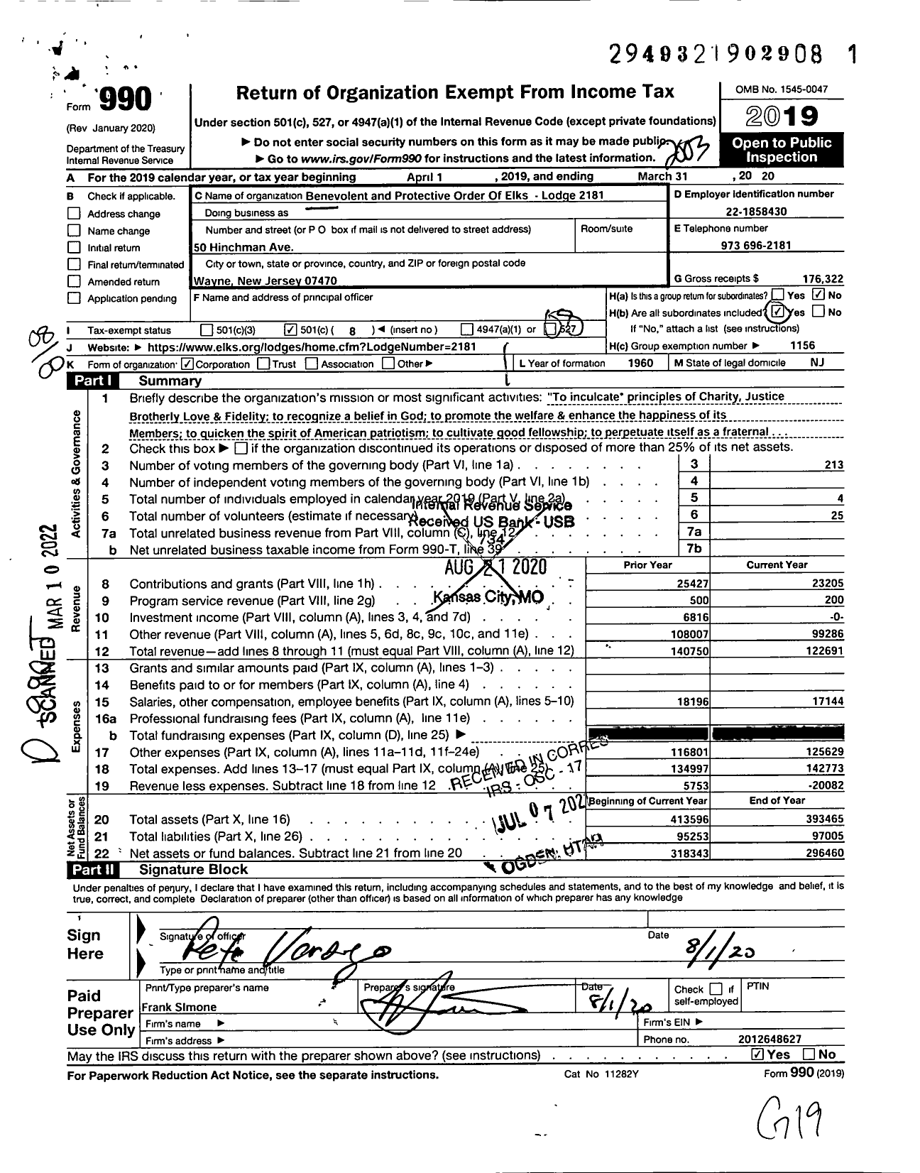 Image of first page of 2019 Form 990O for Benevolent and Protective Order of Elks - 2181 Wayne