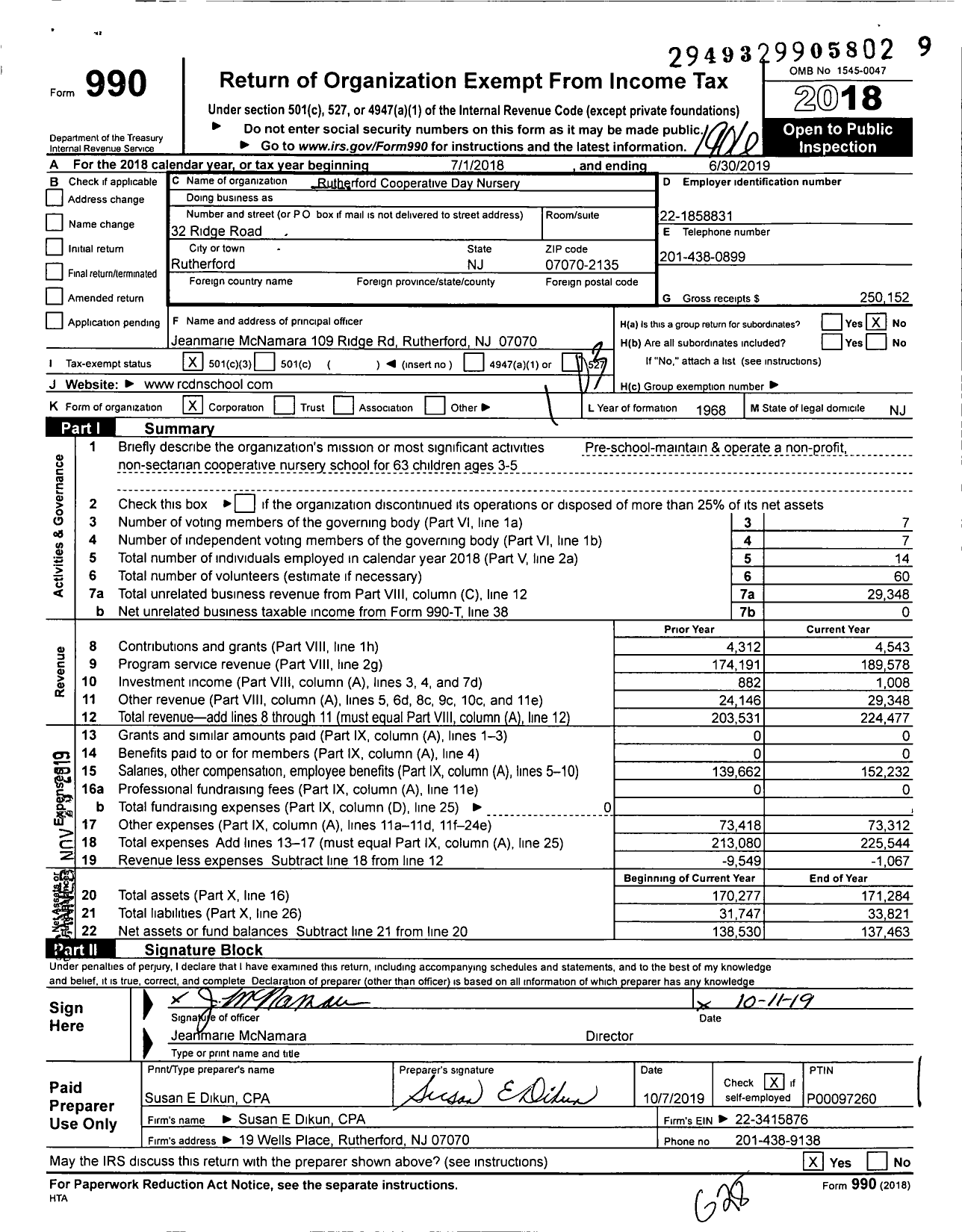 Image of first page of 2018 Form 990 for Rutherford Cooperative Day Nursery