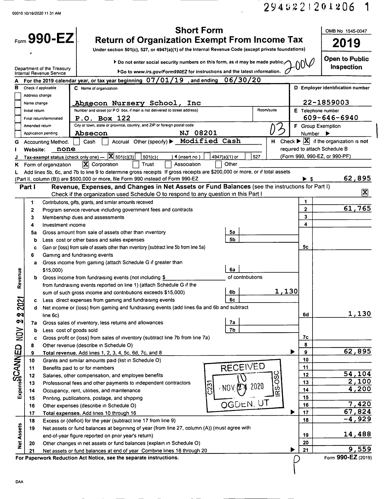 Image of first page of 2019 Form 990EZ for Absecon Nursery School