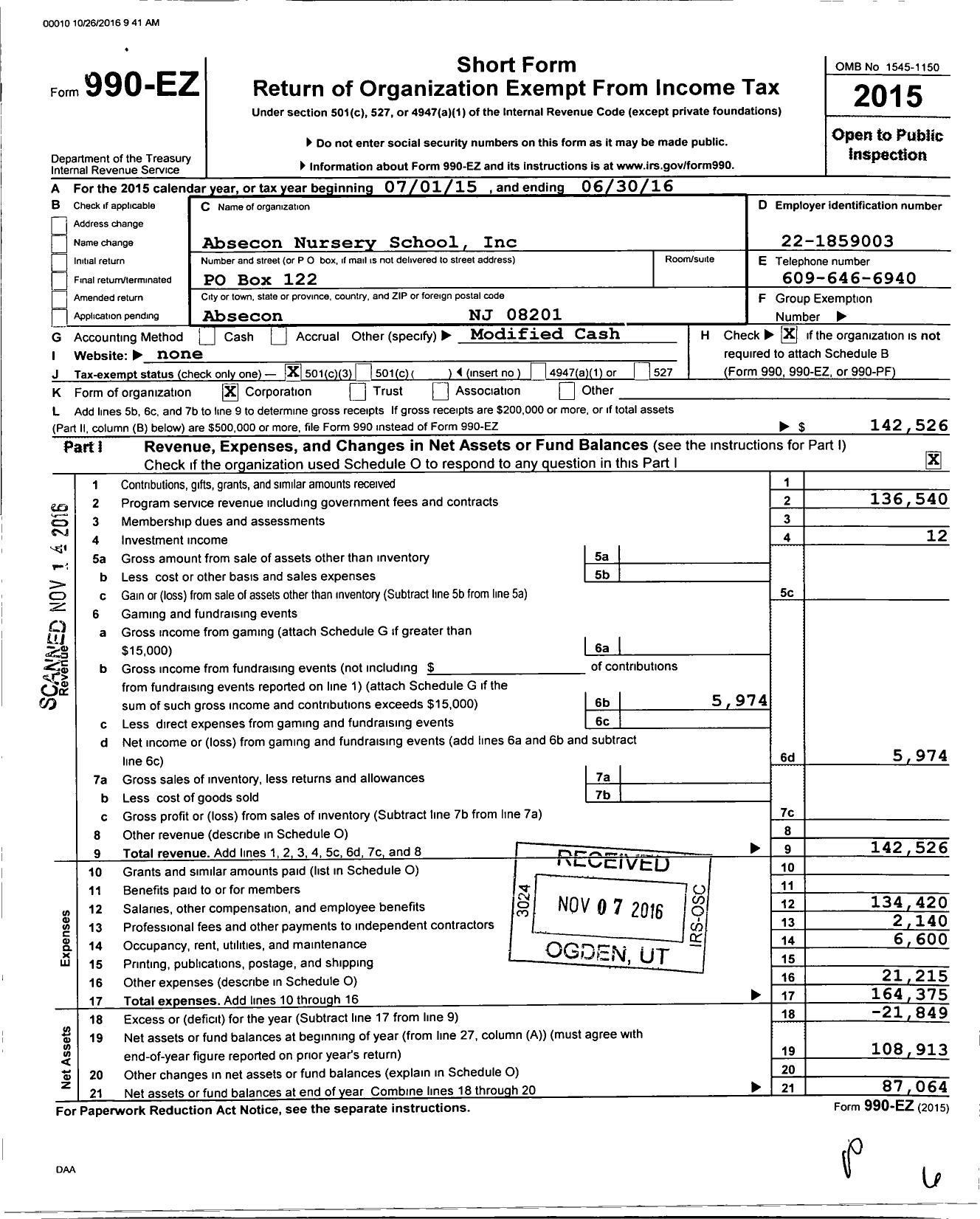 Image of first page of 2015 Form 990EZ for Absecon Nursery School