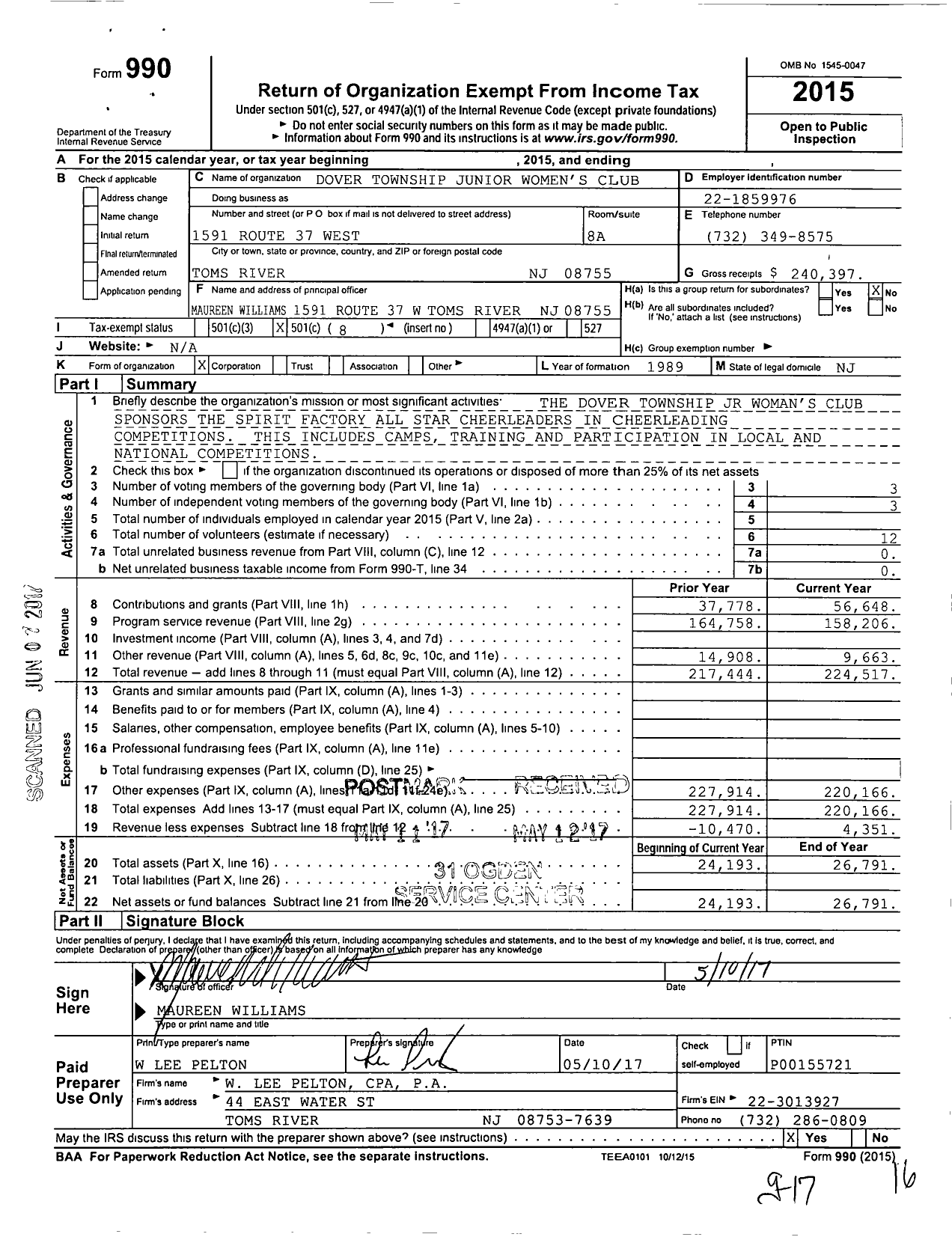 Image of first page of 2015 Form 990O for Dover Township Junior Womans Club