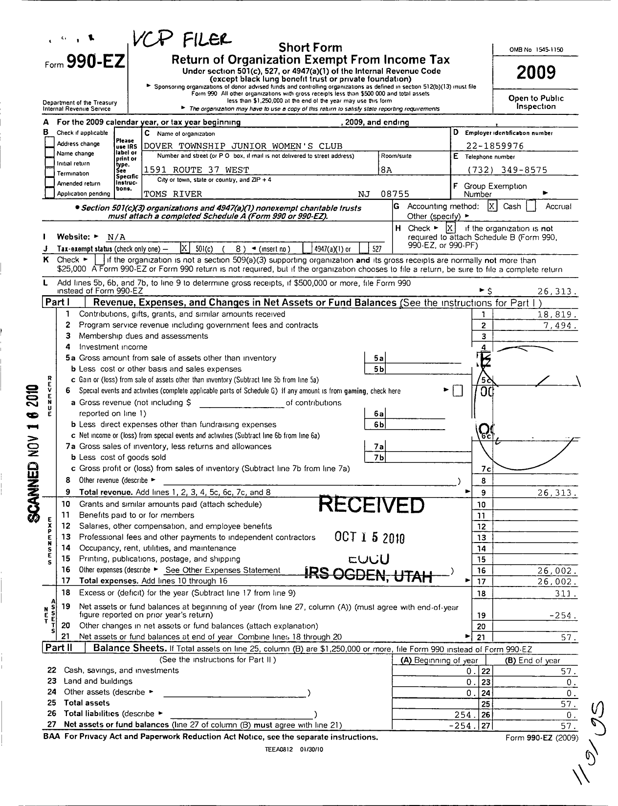 Image of first page of 2009 Form 990EO for Dover Township Junior Womans Club