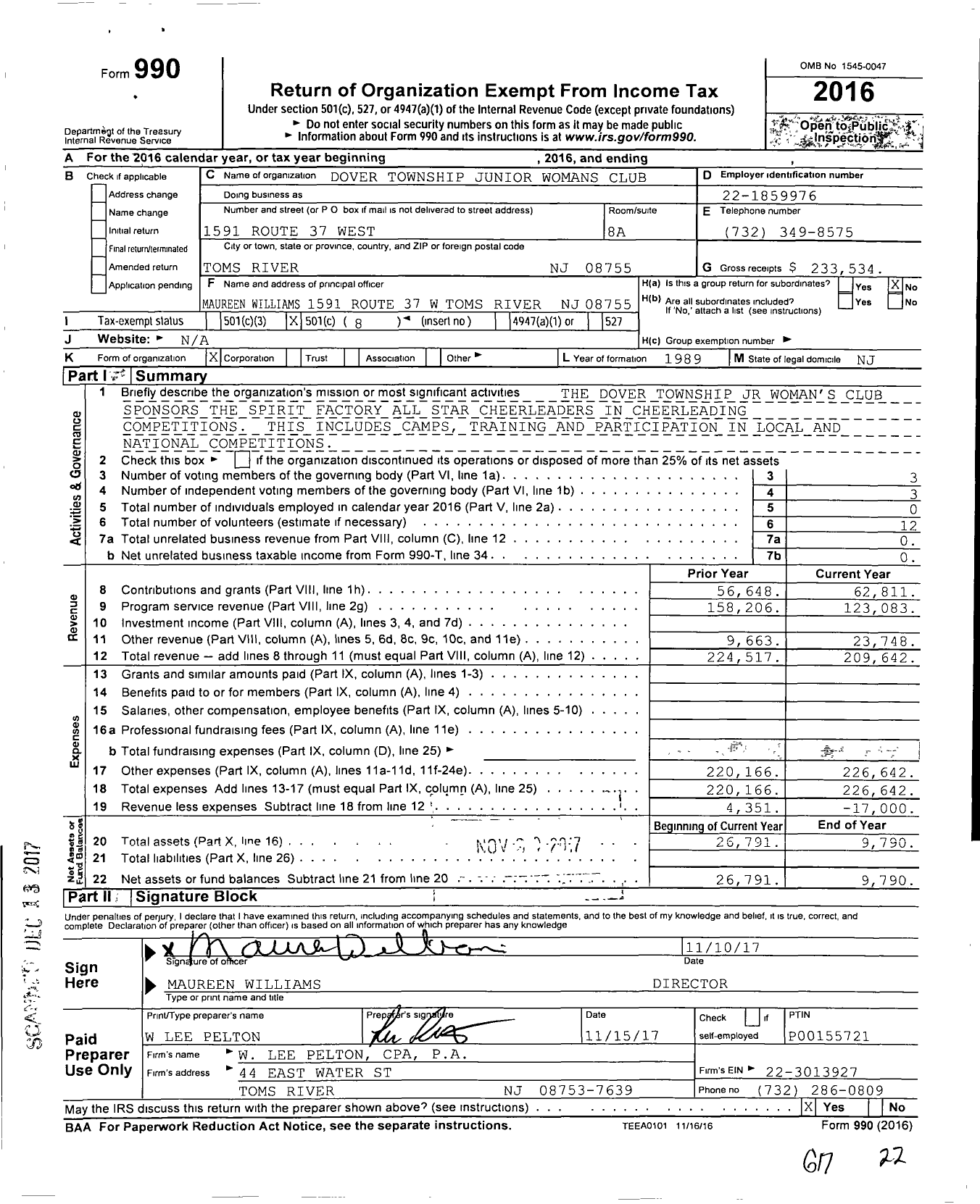 Image of first page of 2016 Form 990O for Dover Township Junior Womans Club