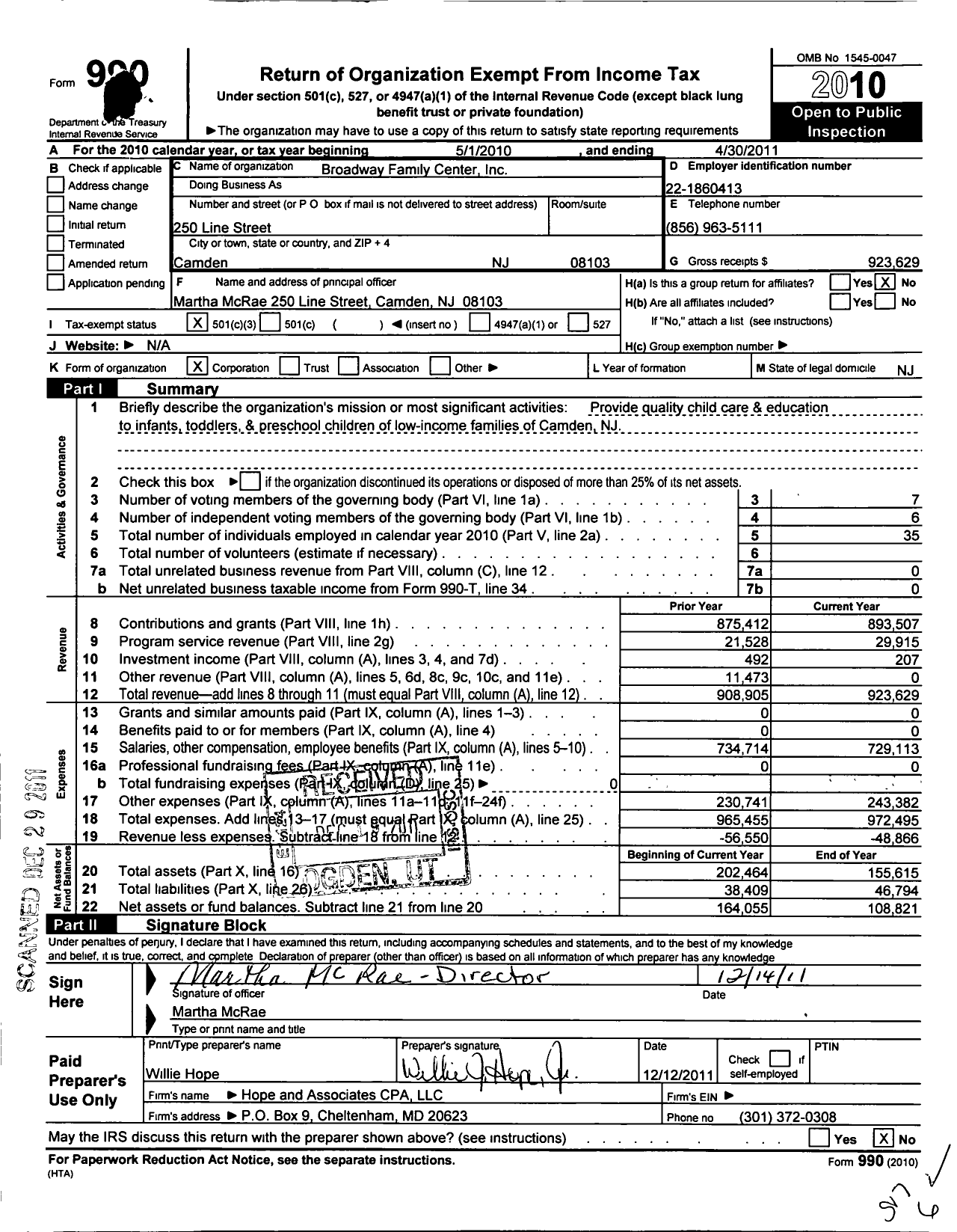 Image of first page of 2010 Form 990 for Broadway Family Center