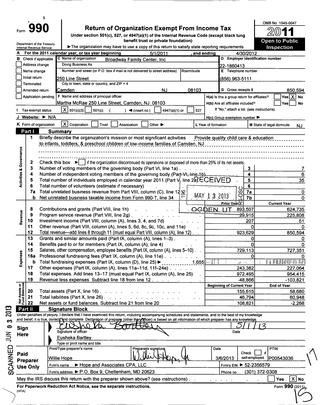 Image of first page of 2011 Form 990 for Broadway Family Center