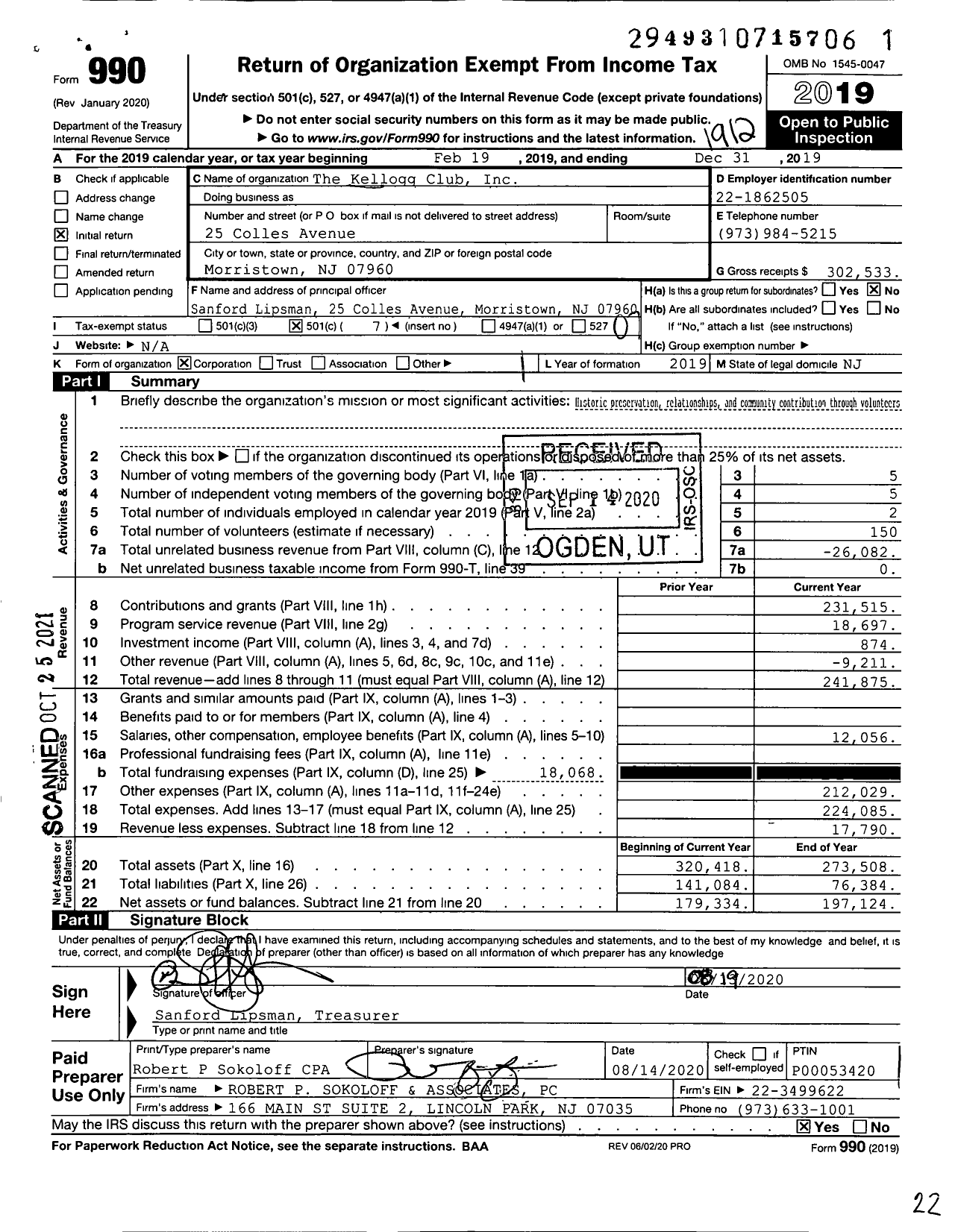 Image of first page of 2019 Form 990O for The Kellogg Club