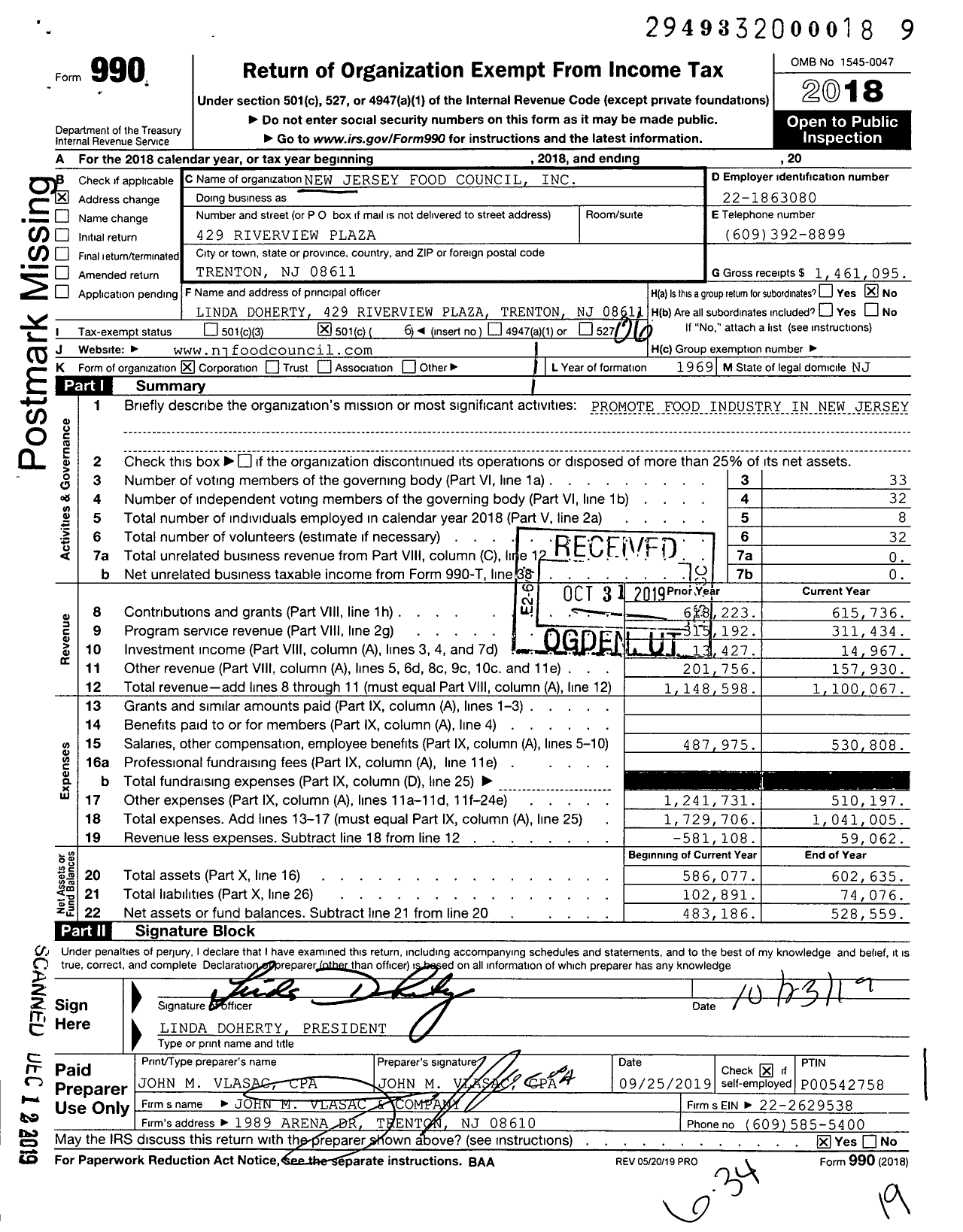 Image of first page of 2018 Form 990O for New Jersey Food Council