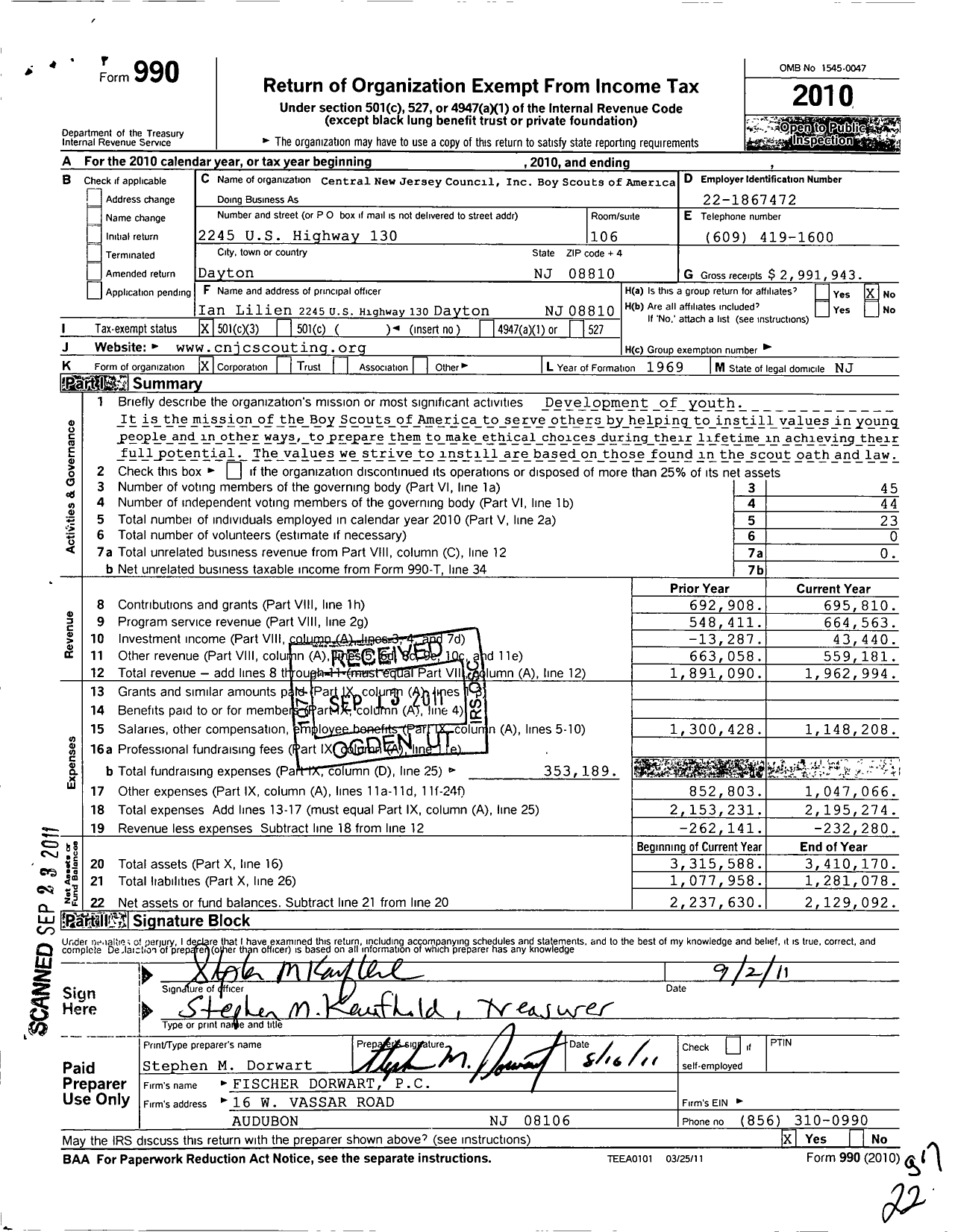 Image of first page of 2010 Form 990 for Boy Scouts of America - 352 Central New Jersey Council